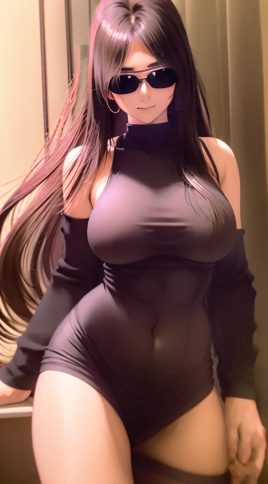 1girl, 8k, raw photo, best quality, masterpiece, realistic, photo realistic, masterpiece, best quality, high resolution, korean woman, big eyes, long purple hair, black glasses, bare shoulders, big breasts, black nurse uniform, slender legs,