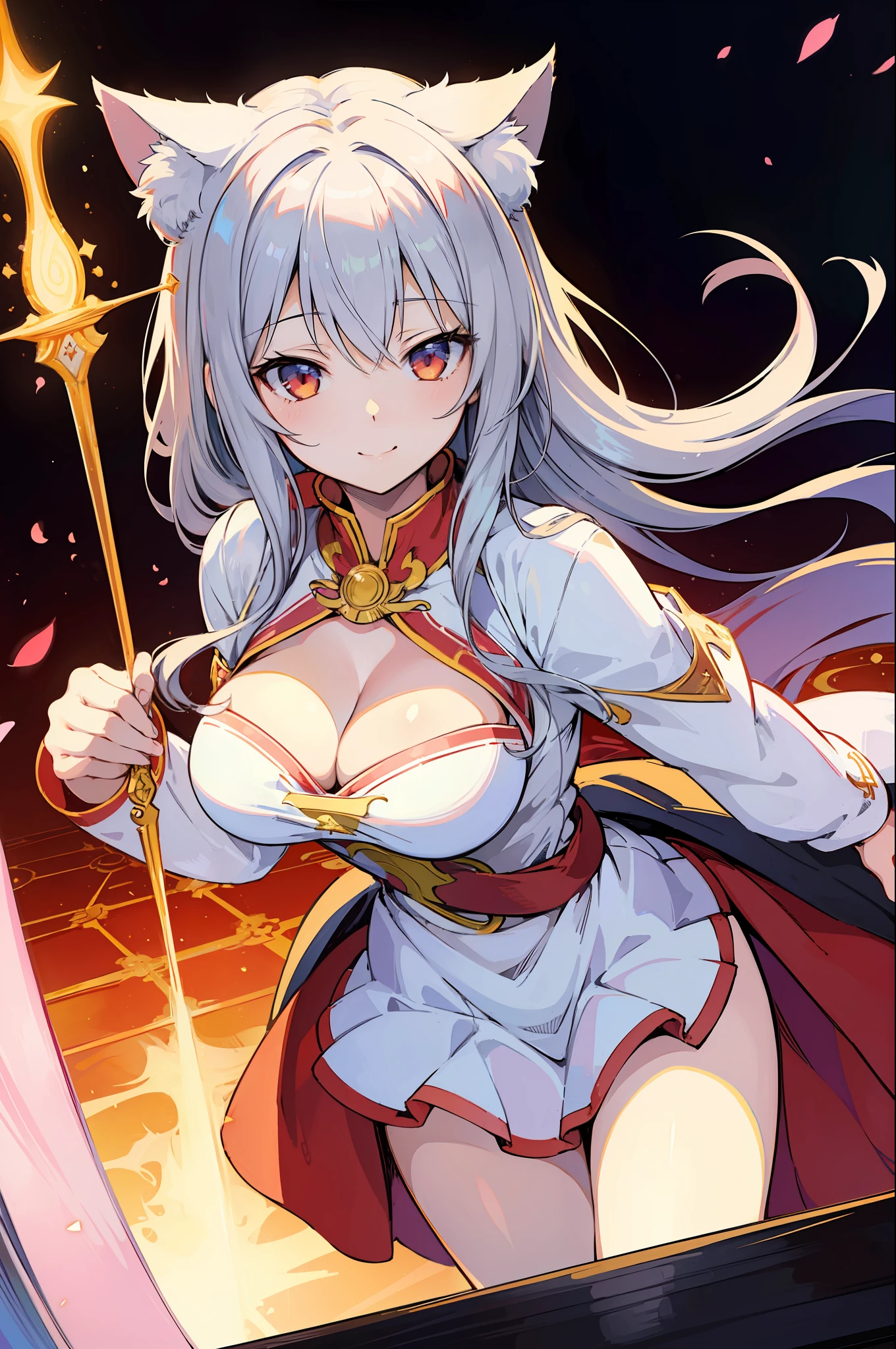 (Masterpiece), (Top Quality Anime Illustration), (Super Definition), One Girl, Solo, Silver-haired Beautiful Girl, Anime Loli, Cat Ear Loli, Red and White Priestess Costume, Lori Priestess, Smile, Cleavage Emphasis, Lower Breast Emphasis, Thigh Focus