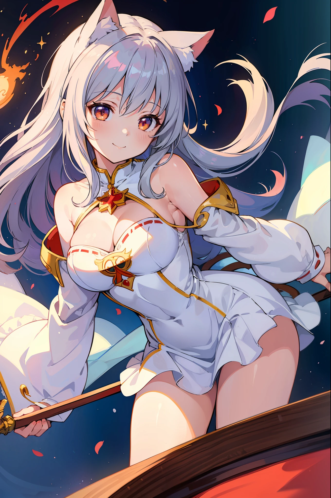(Masterpiece), (Top Quality Anime Illustration), (Super Definition), One Girl, Solo, Silver-haired Beautiful Girl, Anime , Cat Ear Lolid and White Priestess Costume, Lori Priestess, Smile, Cleavage Emphasis, Lower Breast Emphasis, Thigh Focus