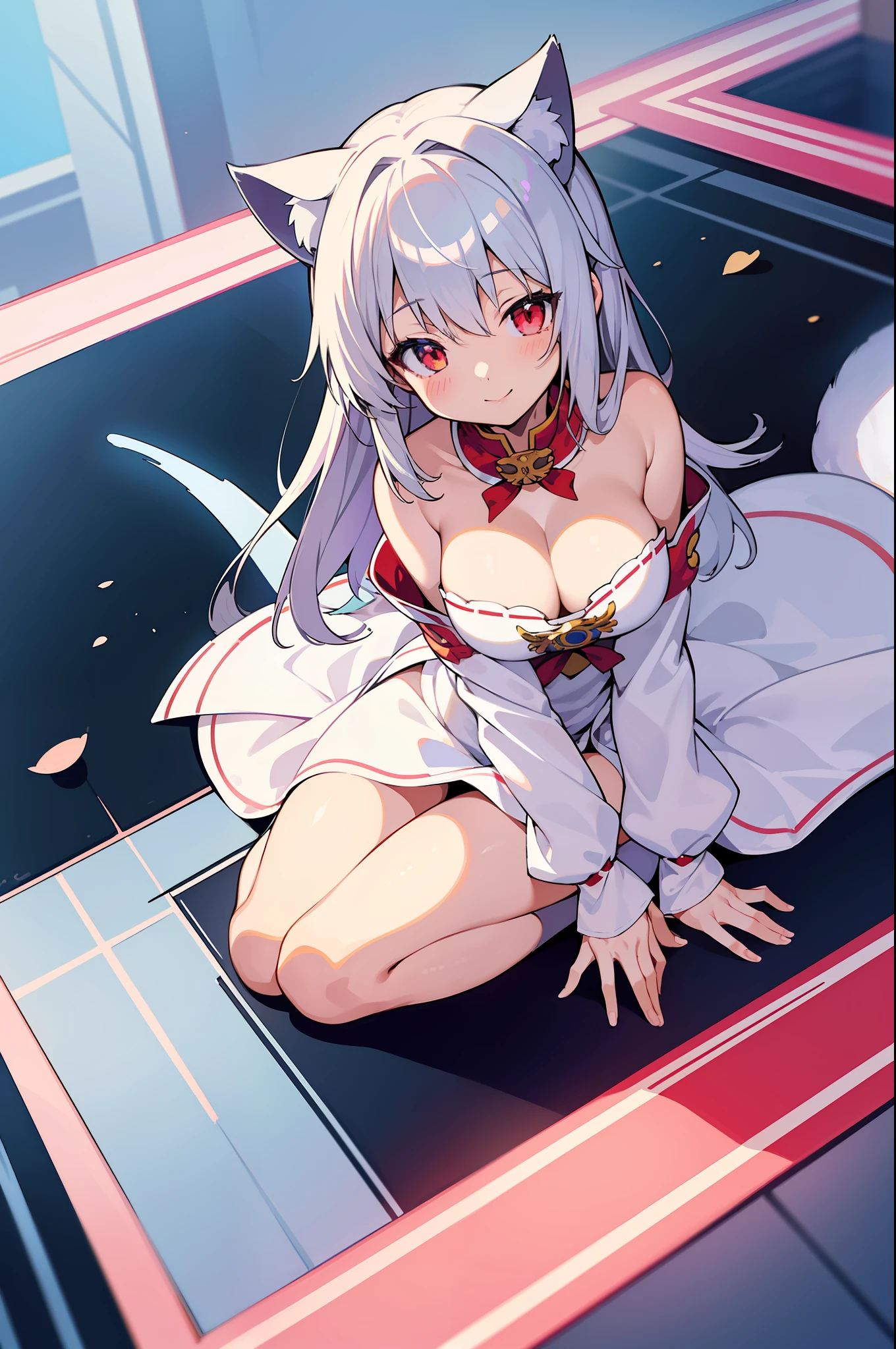 (Masterpiece), (Top Quality Anime Illustration), (Super Definition), One Girl, Solo, Silver-haired Beautiful Girl, Anime , Cat Ear Lolid and White Priestess Costume, Lori Priestess, Smile, Cleavage Emphasis, Lower Breast Emphasis, Thigh Focus