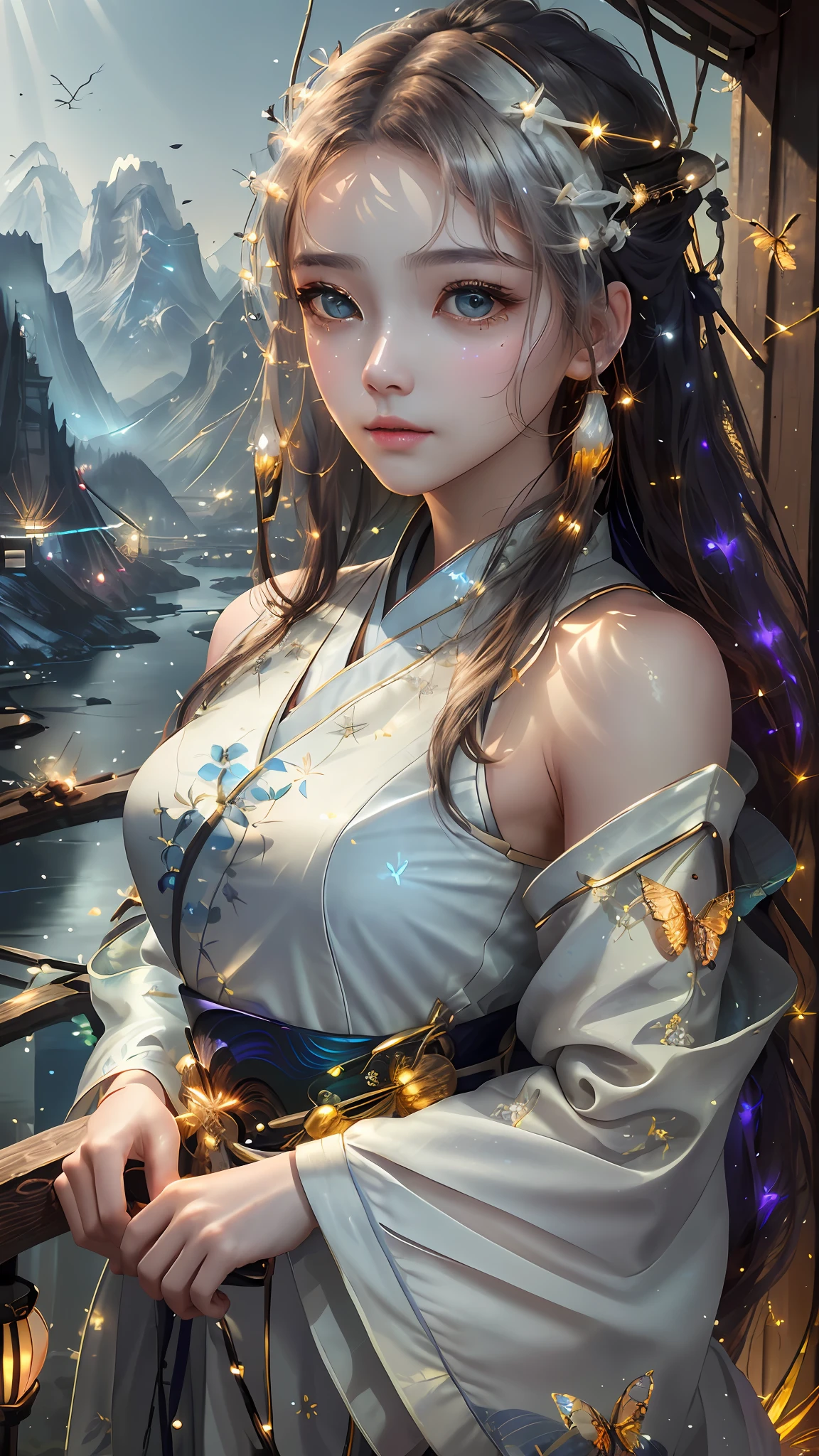 best quality, masterpiece, highres,
1girl, Detailed face, (Upper body:1.6), Cyber cities, mountains and rivers, night, firefly lights, Realistic, rich in detail, (White hanfu:1.2), (beautiful body:1.4),