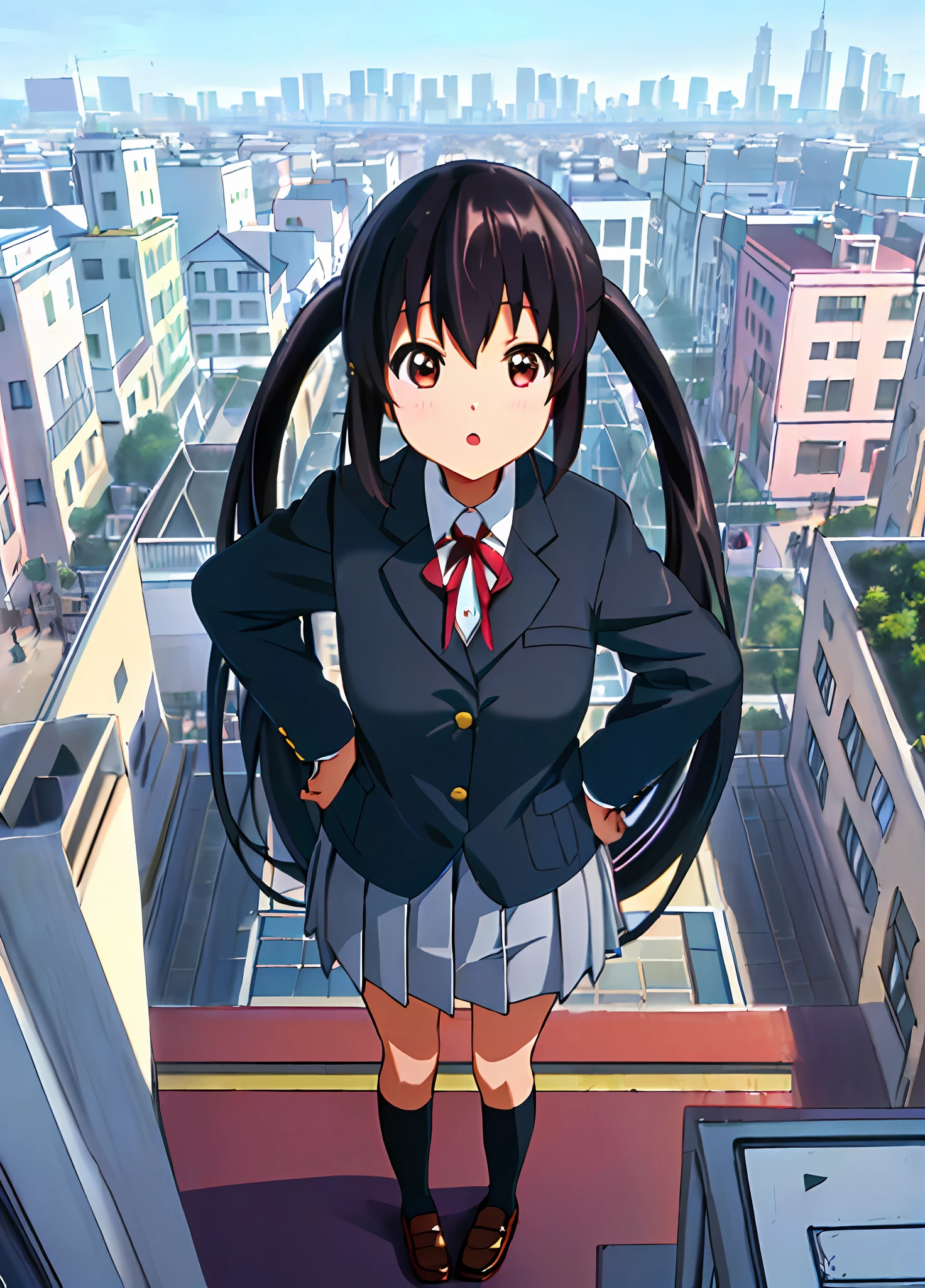 1girl, ((((Masterpiece))), Best Quality, Best Quality, High Detail, Azusa Nakano, 1girl, Sakuragaoka High School Uniform, Musical Instrument, School Uniform, Twin Tails, Long Hair, Black Hair, Brown Eyes, Solo, Red, Dark blue blazer with a thin ribbon of red, Solid white button shirt under blazer, Illustration, Cartoon, Soothing tones, Muted colors, Soft cinematic light, Adobe Lightroom, Photo Lab, HDR, complex and highly detailed, (((depth of field))))). (((Masterpiece))). (((highest quality))).) ((super detail))). (((Illustration))). (((Outside))). (((hands on hips)))). (((Stretch your chest)))),(((Gigantic))).dynamic focus.small breasts. (((skyscrapers))). (((Cityscape))). (((View from above))).