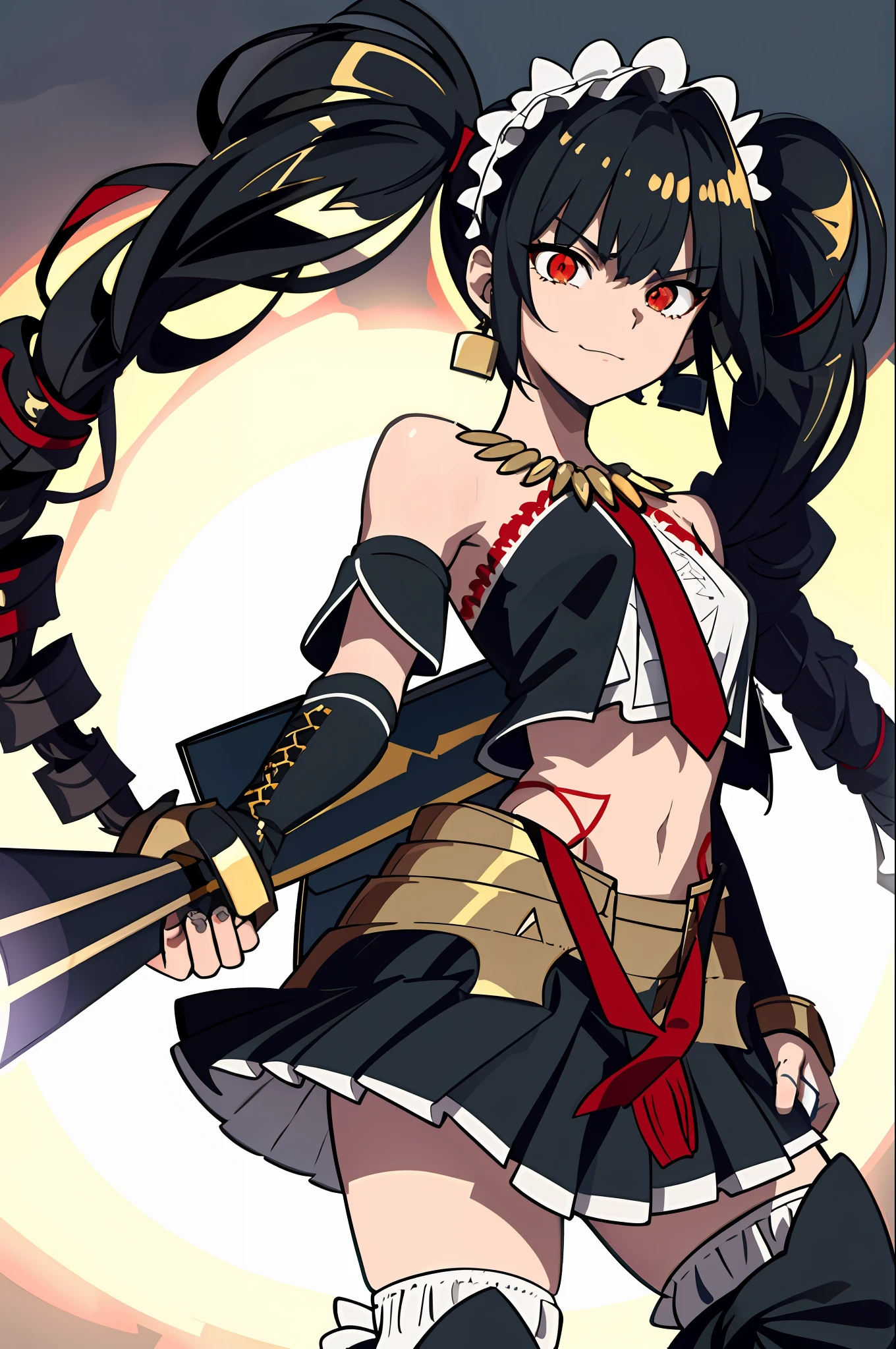 realistic, (masterpiece, top quality, best quality, official art, beautiful and aesthetic:1.2), extremely detailed,(1girl:1.3),cowboy shot,(looking at viewer),(holding single weapon:1.3),clenched fist, pointing hand viewer, from middle,black background,(night:1.2), filmg, insane happy expression, celestiaLudenbergTopless, solo, and long, has black hair in two large twin-drill pigtails, (red eyes:1.2), 1girl, jewelry, standing, earrings, necklace, armor, tattoo, topless, Gold armor, shirtless, gold clingon bra, single gold gauntlet,right gold shoulder armor,right gold elbow gloves, one shoulder armor, a red and gold jacket that includes white ribbon lacing down the sleeves, fastened by a simple white ribbon across her chest to reveal her red tie, knee-high stockings trimmed in ladder lace with a black ribbon on the opposite side of the other for each, dark red mary janes with a thick heel held on her feet by three gold buckles, a white lace headband, and a gold, gunmetal plated ring, a red pleated miniskirt that is cut extremely short, standing, full body portrait