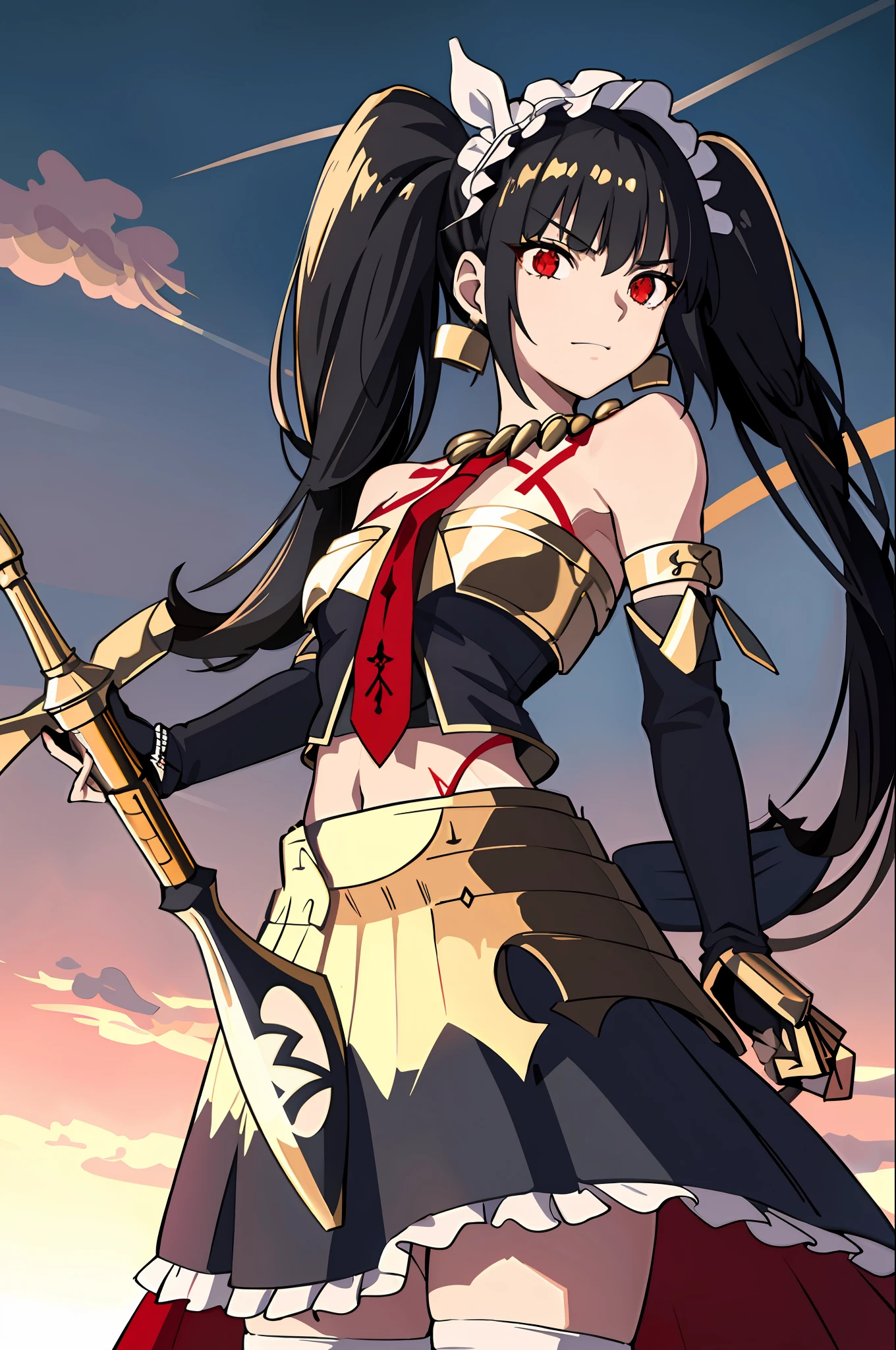 realistic, (masterpiece, top quality, best quality, official art, beautiful and aesthetic:1.2), extremely detailed,(1girl:1.3),cowboy shot,(looking at viewer),(holding single weapon:1.3),clenched fist, pointing hand viewer, from middle,black background,(night:1.2), filmg, insane happy expression, celestiaLudenbergTopless, solo, and long, has black hair in two large twin-drill pigtails, (red eyes:1.2), 1girl, jewelry, standing, earrings, necklace, armor, tattoo, ???????, Gold armor, shirtless, gold clingon bra, single gold gauntlet,right gold shoulder armor,right gold elbow gloves, one shoulder armor, a red and gold jacket that includes white ribbon lacing down the sleeves, fastened by a simple white ribbon across her chest to reveal her red tie, knee-high stockings trimmed in ladder lace with a black ribbon on the opposite side of the other for each, dark red mary janes with a thick heel held on her feet by three gold buckles, a white lace headband, and a gold, gunmetal plated ring, a red pleated miniskirt that is cut extremely short, standing, full body portrait