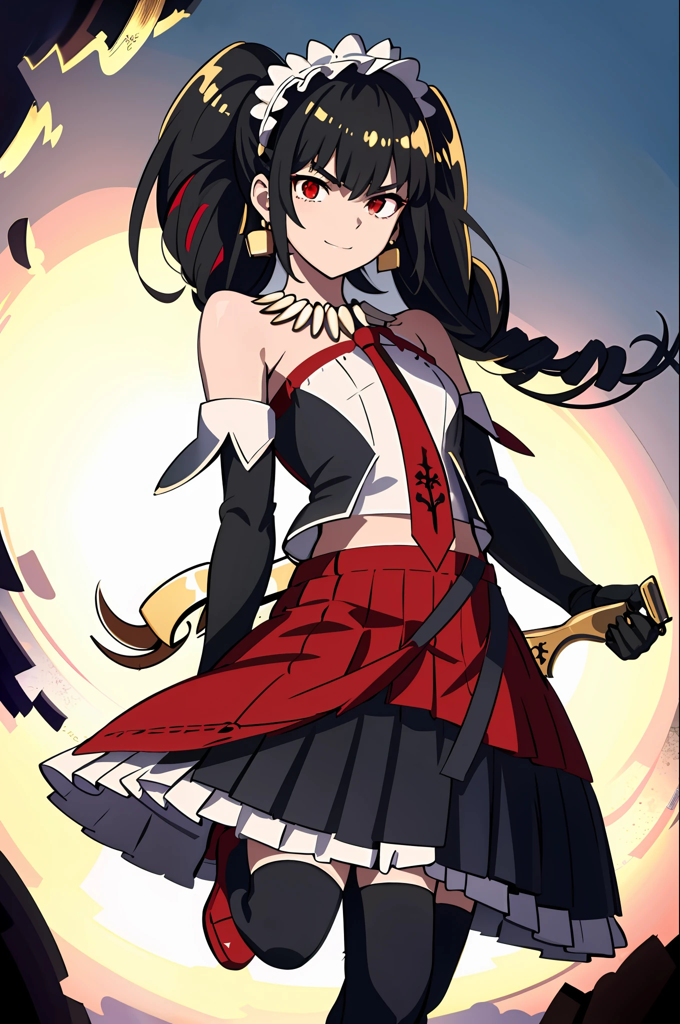 realistic, (masterpiece, top quality, best quality, official art, beautiful and aesthetic:1.2), extremely detailed,(1girl:1.3),cowboy shot,(looking at viewer),(holding single weapon:1.3),clenched fist, pointing hand viewer, from middle,black background,(night:1.2), filmg, insane happy expression, celestiaLudenbergTopless, solo, and long,  has black hair in two large twin-drill pigtails, (red eyes:1.2), 1girl, jewelry, standing, earrings, necklace, armor, tattoo, topless, Gold armor, shirtless, gold clingon bra, single gold gauntlet,right gold shoulder armor,right gold elbow gloves, one shoulder armor, a red and gold jacket that includes white ribbon lacing down the sleeves, fastened by a simple white ribbon across her chest to reveal her red tie, knee-high stockings trimmed in ladder lace with a black ribbon on the opposite side of the other for each, dark red mary janes with a thick heel held on her feet by three gold buckles, a white lace headband, and a gold, gunmetal plated ring, a red pleated miniskirt that is cut extremely short, standing, full body portrait