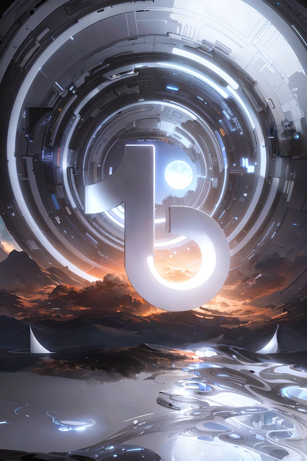 masterpiece ,( white metal ), best quality , concept art ,(( clear 
 outline ), sci - fi scenes ,)),[ at night ], in the futuristic city center ,(( super details , aesthetics , beautiful composition ,), Centered symmetrical 
 composition .4k,