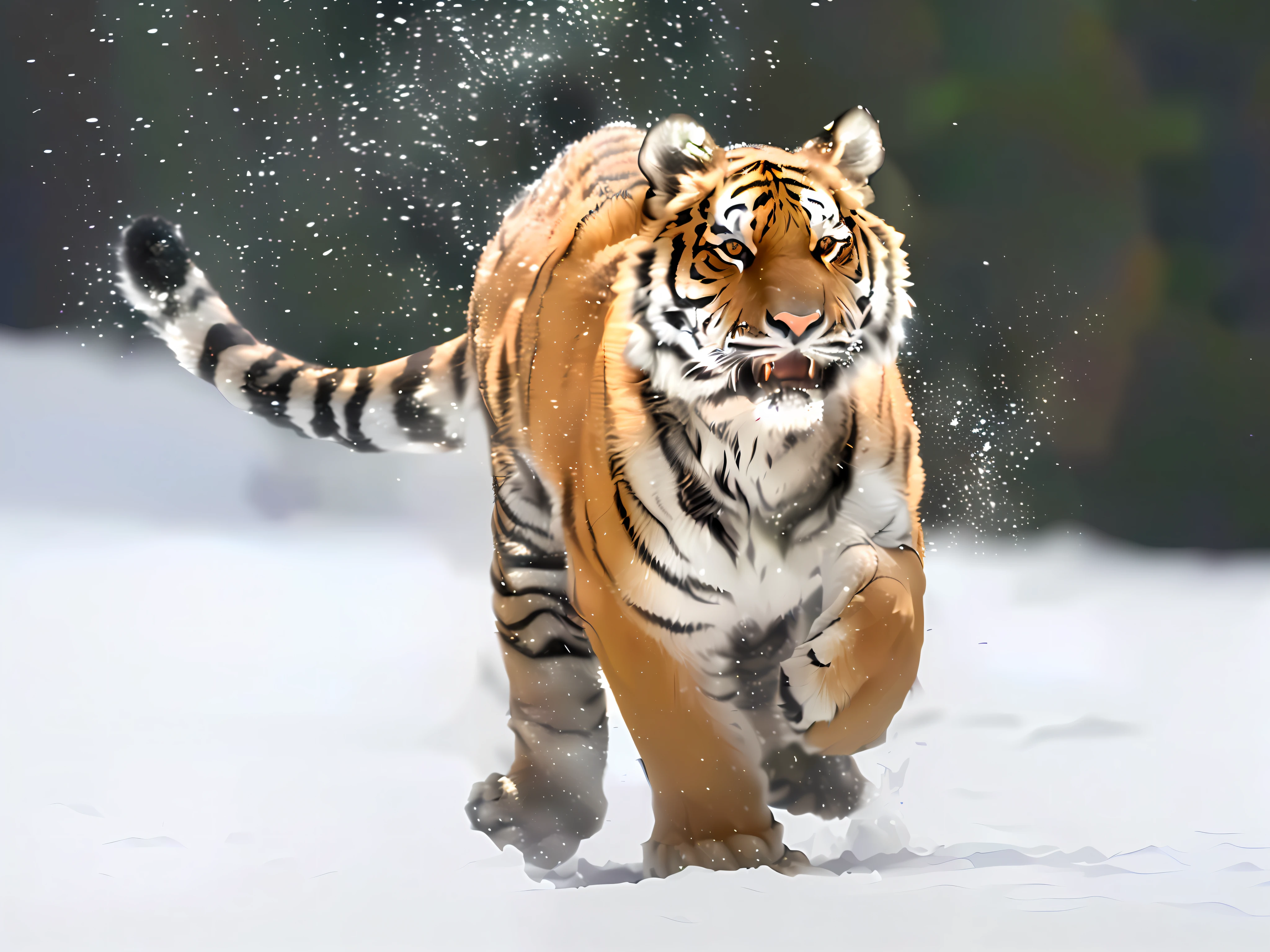 there is a tiger running in the snow with snow falling off its face, hunting a tiger, fierce expression 4k, a tiger, pouncing, national geographic footage, tiger, tigers, still from nature documentary, tiger_beast, ((tiger)), strong and ferocious, nature documentry footage, prowling through the forest, wildlife photography canon, wildlife photo