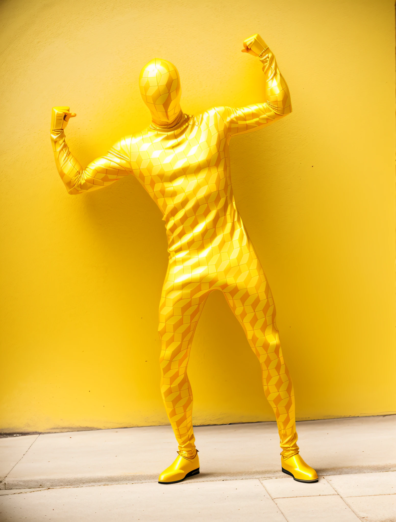 Man in yellow bodysuit, yellow body, zentai suit, full bodysuit, skin tight suit, lycra costume, tight full body suit, yellow skin, yellow jumpsuit, yellow bodysuit