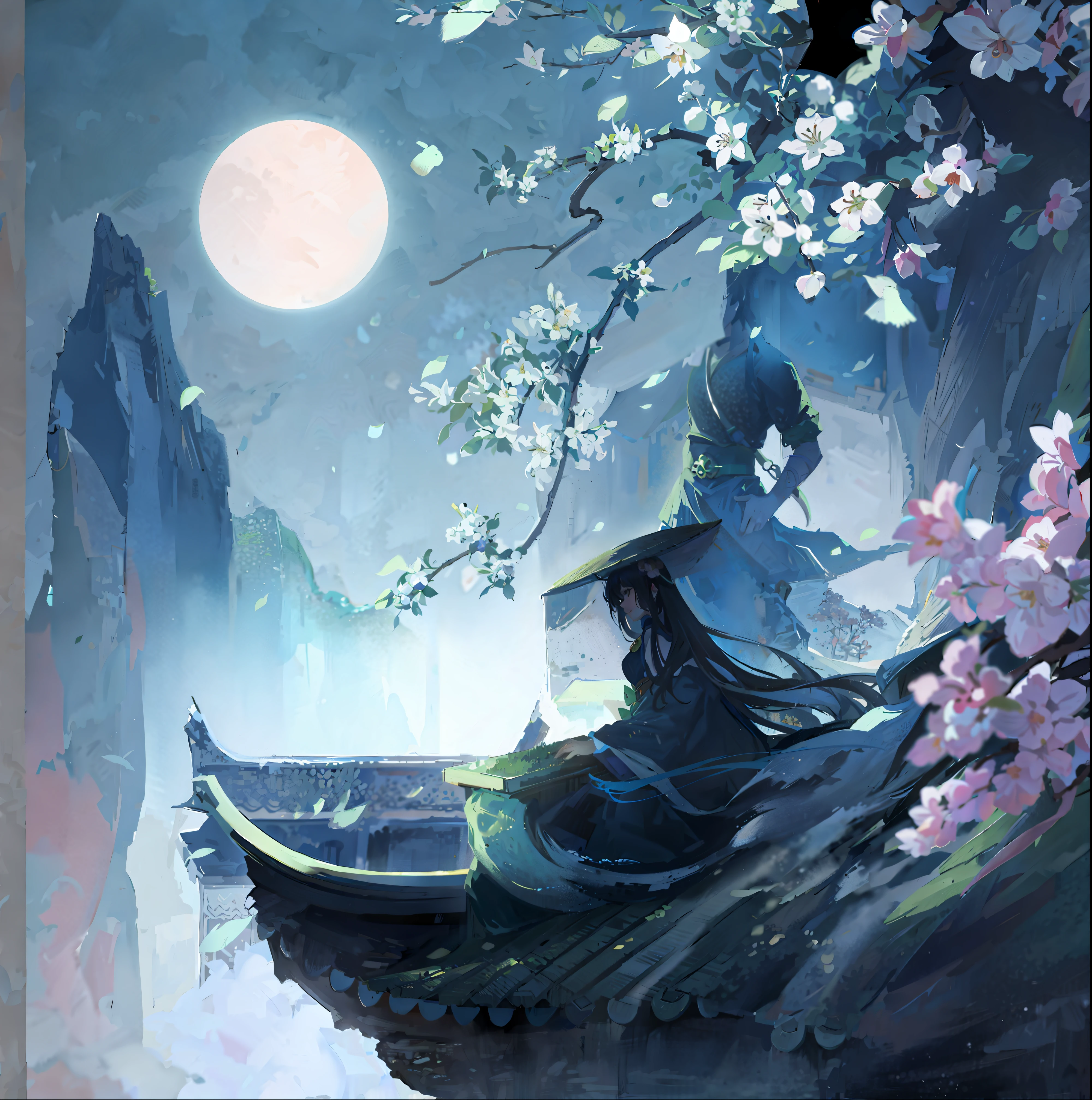 Anime art wallpaper 8 k, fairy tale ancient style, night, peach blossom, mountain
