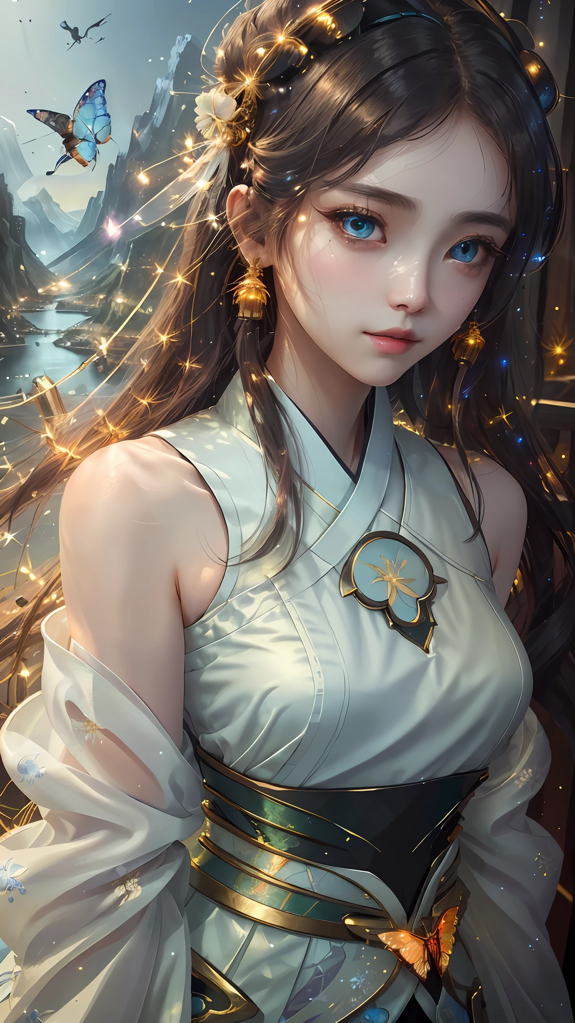 best quality, masterpiece, highres,
1girl, Detailed face, (Upper body:1.6), Cyber cities, mountains and rivers, night, firefly lights, Realistic, rich in detail, (White hanfu:1.2), (beautiful body:1.4),