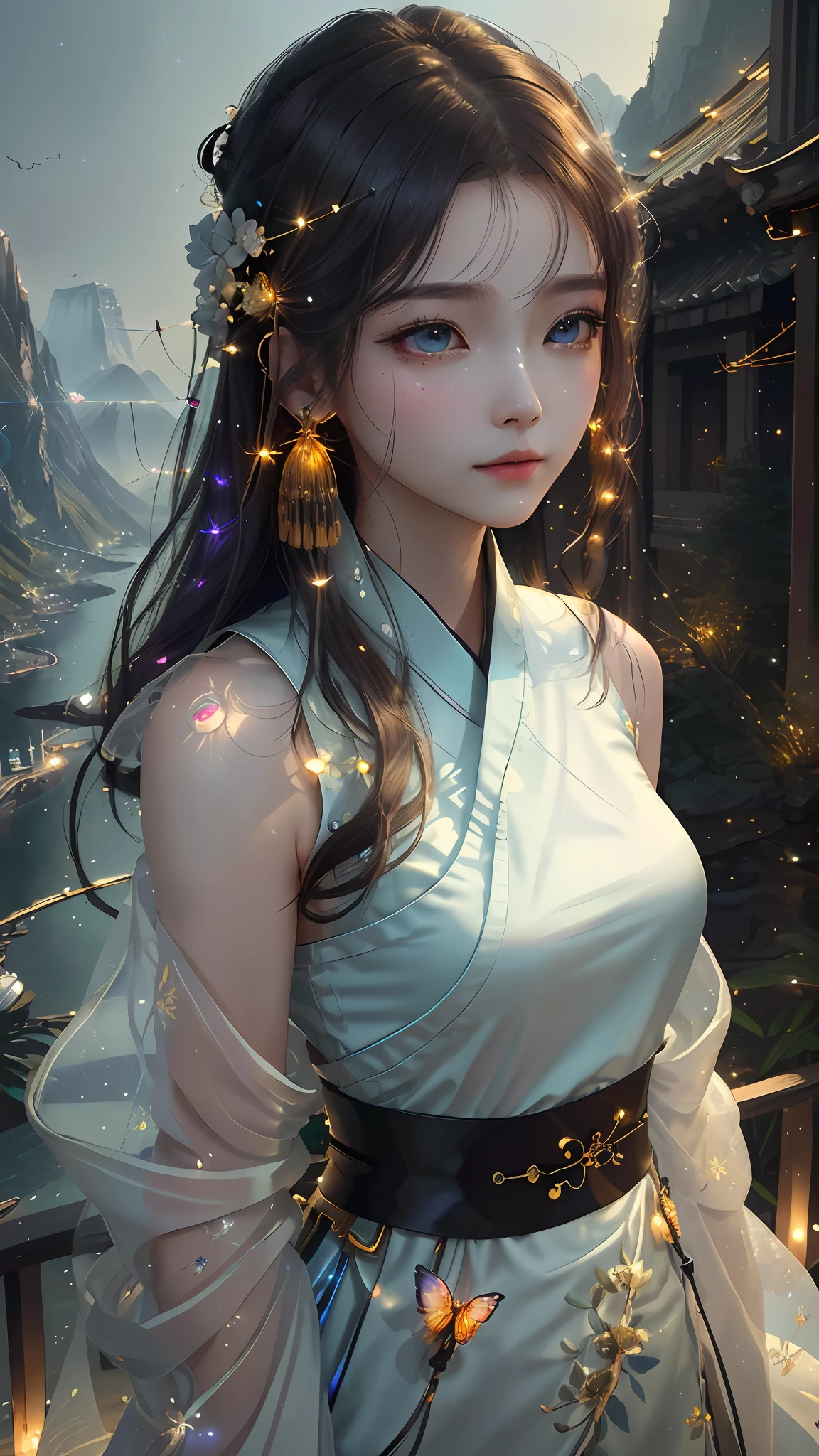 best quality, masterpiece, highres,
1girl, Detailed face, (Upper body:1.6), Cyber cities, mountains and rivers, night, firefly lights, Realistic, rich in detail, (White hanfu:1.2), (beautiful body:1.4),
