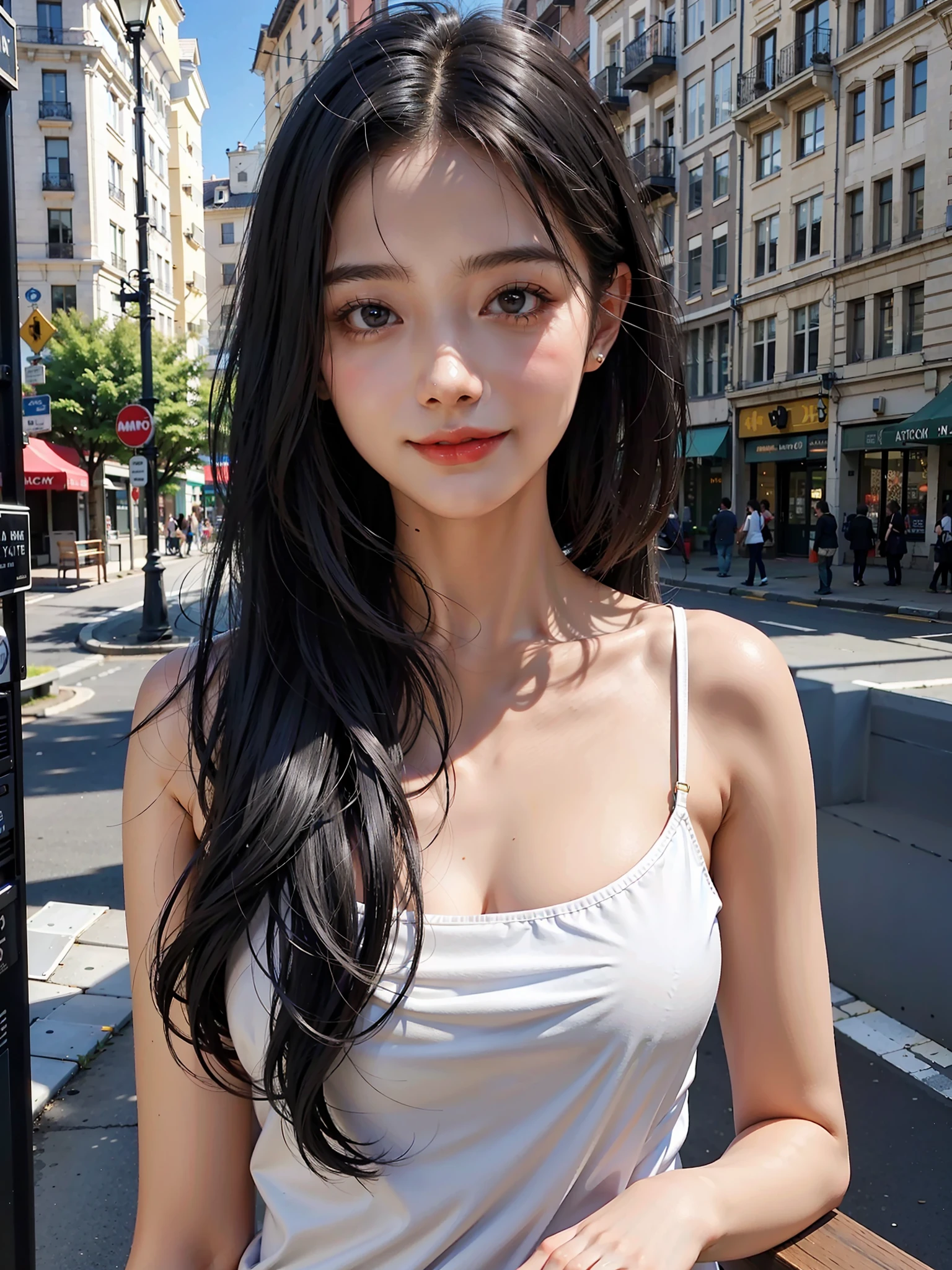 1 girl,(black hair semi-long)(beautiful hair), camisole, light smile, shiny skin
Best quality, masterpiece, (photorealistic: 1.4), French cityscape, piece