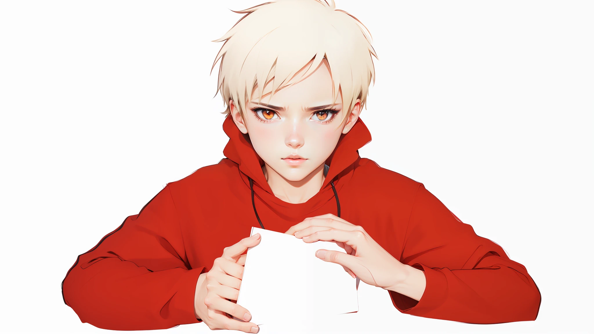 Enhance the drawing leave with an anime style and with better quality, eyes open, brown eyes, looking down, looking at something between the two hands, flushed skin --auto --s2