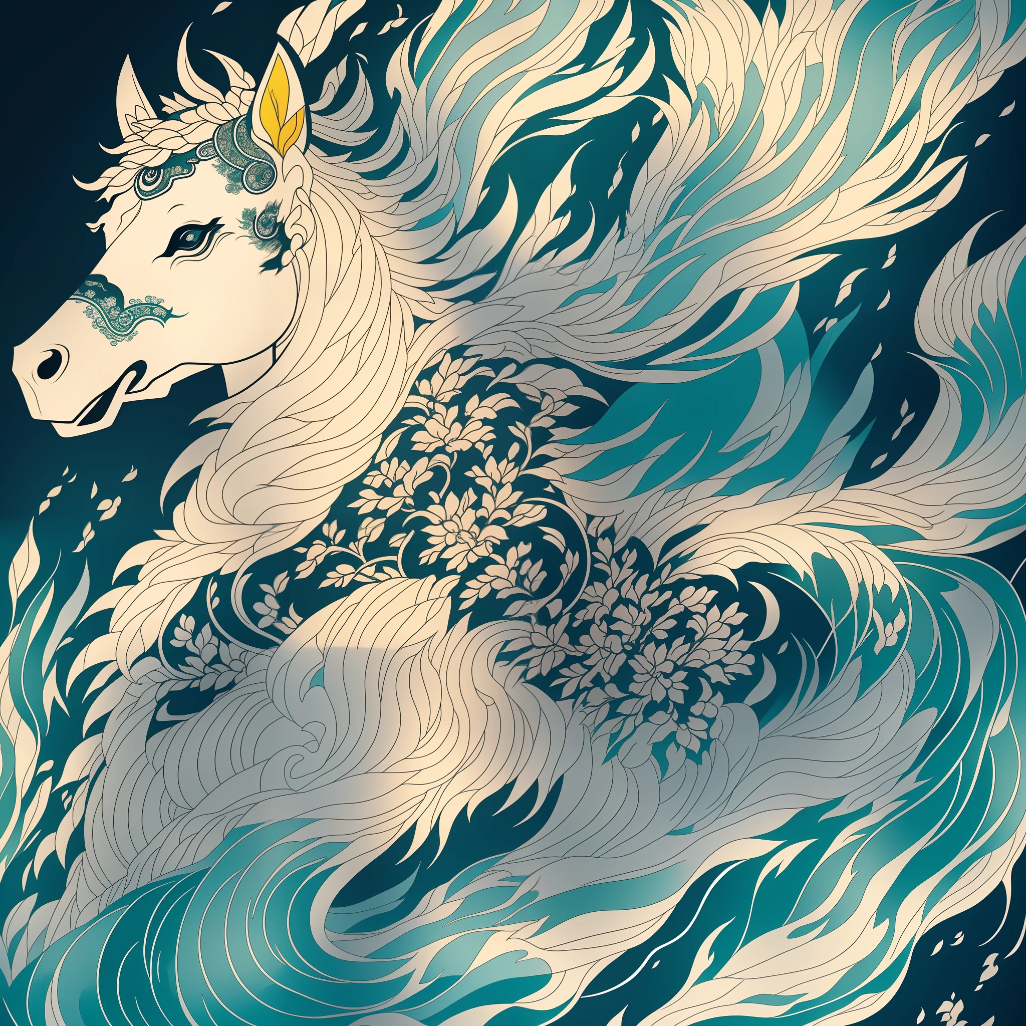 Close-up of an ancient Chinese adult white horse with dark blue sea in the background, ocean waves, main body is a horse, mural, fierce expression, Asura in Chinese mythology, ancient Chinese art style, Wenbo Ren, choppy waves, horse fantasy galloping on the sea, mythical creatures, horse concept art on the Chinese sea, ancient Chinese gorgeous, Chinese mythology, ink flowers, inspired by Puhua, an ancient creature, qigong, single close-up, with body, Qing dynasty painting, traditional painting, intricate detail painting, best quality, masterpiece, Very delicate and beautiful