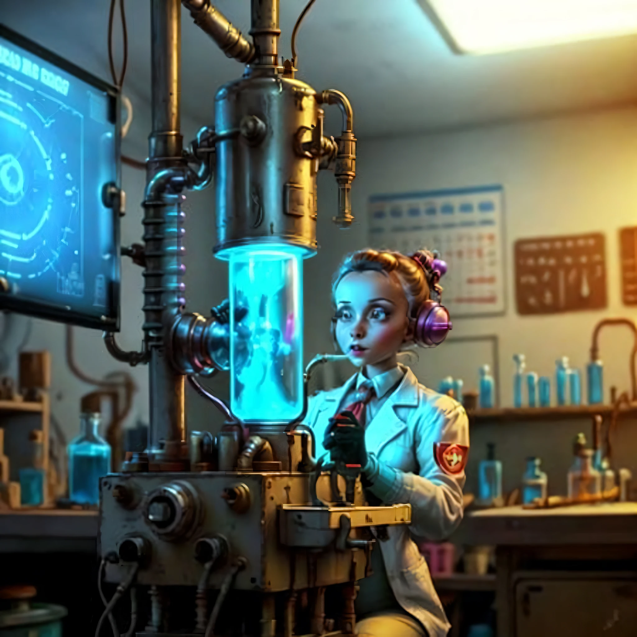 retro teslapunkai , in laboratory, cluttered environment, plasma