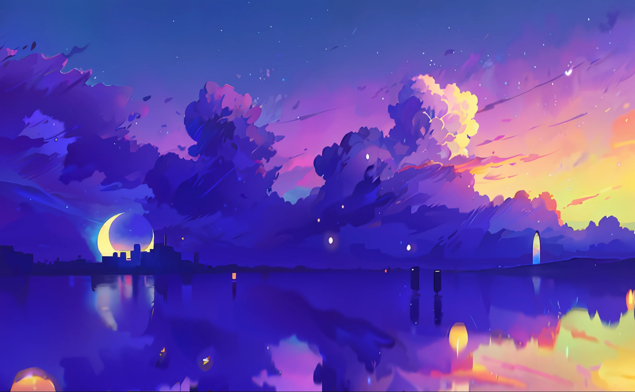 Purple blue sky with clouds, calm night. digital illustration, glowing sky, anime sky, twilight ; Digital painting, anime landscape wallpaper, purple sky, blurry and dreamy illustrations, night scene, glowing lights! Digital painting, blurry and dreamy illustration, 4K HD wallpaper illustration, violet sky, anime landscape, anime beautiful peace scene, galaxy, moon --auto --s2