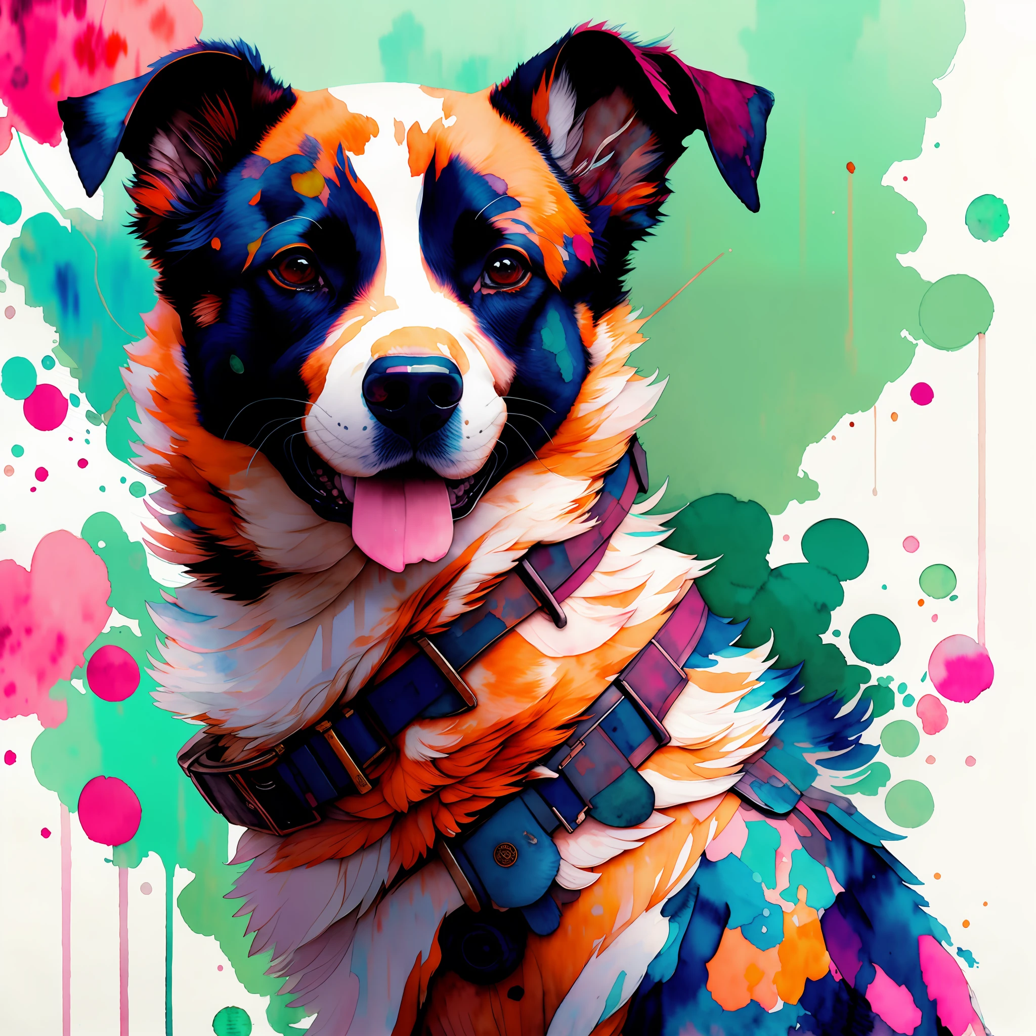 wtrcolor style, Digital art of (dog character), official art, frontal, smiling, masterpiece, Beautiful, ((watercolor)), face paint, paint splatter, intricate details. Highly detailed, detailed eyes, [dripping:0.5], Trending on artstation, by Rachel Walker