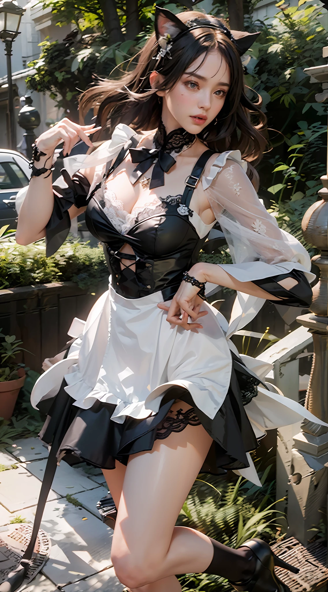 ((Best Quality)), ((Masterpiece)), (Details: 1.4), 3D, Single, A Beautiful Catlady Maid, (Maid Outfit, Lace Lace Dress: 1.9), (A Pair of Cat Ears: 1.6) (Green Pupil: 1.5) (High Heels: 1.4) HDR (High Dynamic Range), Ray Tracing, NVIDIA RTX, Super-Resolution, Unreal 5, Subsurface Scattering, PBR Textures, Post-processing, Anisotropic filtering, depth of field, maximum sharpness and sharpness, multi-layer textures, albedo and specular mapping, surface shading, accurate simulation of light-material interactions, perfect proportions, Octane Render, bicolor light, large aperture, low ISO, white balance, rule of thirds, 8K RAW,