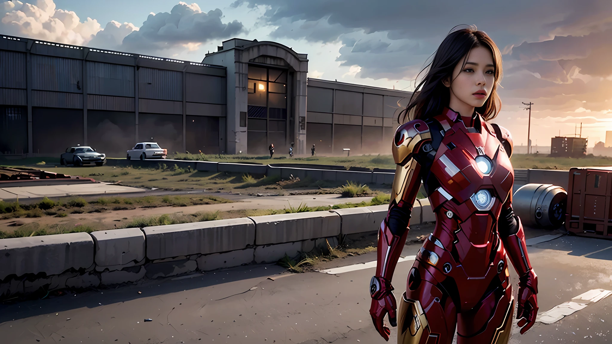 8k, realistic, attractive, highly detailed, a 20 year old girl a sexy and attractive woman inspired by Iron Man wearing a shiny Iron Man mech. She dresses with sexiness and confidence, perfectly interpreting Iron Man&#39;s strength and charisma. The abandoned warehouse serves as a backdrop, creating a unique atmosphere that highlights her bravery and perseverance. The cloudy sky adds a sense of tension and mystery to the whole scene. This high-definition, high-quality picture will bring you a shocking visual experience. The detailed abandoned warehouse and shiny mechs will keep your eyes on you. oc rendering, dramatic lighting, award winning quality