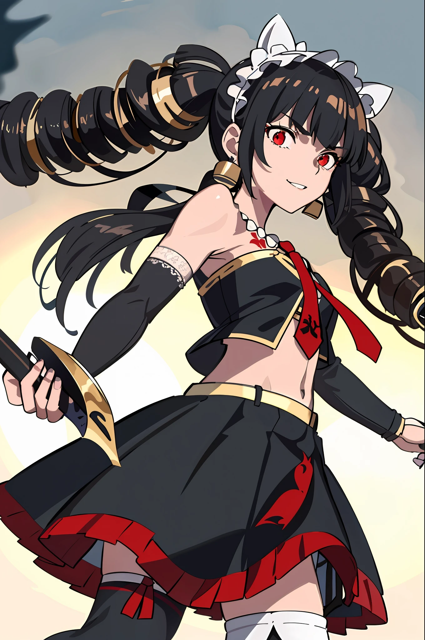 realistic, (masterpiece, top quality, best quality, official art, beautiful and aesthetic:1.2), extremely detailed,(1girl:1.3),cowboy shot,(looking at viewer),(holding single weapon:1.3),clenched fist, pointing hand viewer, from middle,black background,(night:1.2), filmg, insane happy expression, celestiaLudenbergTopless, solo, and long, has black hair in two large twin-drill pigtails, (red eyes:1.2), 1girl, jewelry, standing, earrings, necklace, armor, tattoo, topless, Gold armor, shirtless, gold clingon bra, single gold gauntlet,right gold shoulder armor,right gold elbow gloves, one shoulder armor, a red and gold jacket that includes white ribbon lacing down the sleeves, fastened by a simple white ribbon across her chest to reveal her red tie, knee-high stockings trimmed in ladder lace with a black ribbon on the opposite side of the other for each, dark red mary janes with a thick heel held on her feet by three gold buckles, a white lace headband, and a gold, gunmetal plated ring, a red pleated miniskirt that is cut extremely short, standing, full body portrait