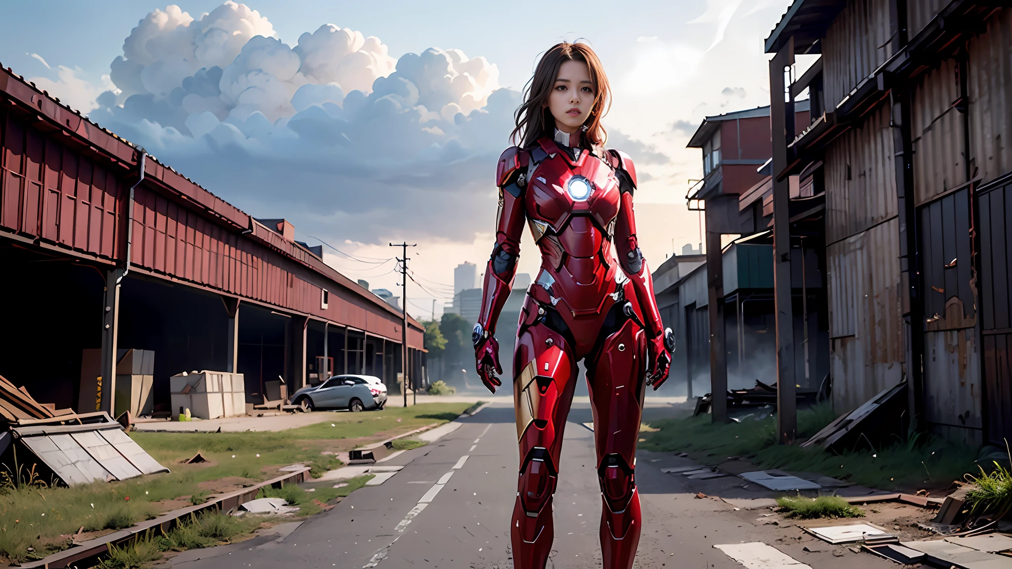 8k, realistic, attractive, highly detailed, a 20 year old girl a sexy and attractive woman inspired by Iron Man wearing a shiny Iron Man mech. She dresses with sexiness and confidence, perfectly interpreting Iron Man's strength and charisma. The abandoned warehouse serves as a backdrop, creating a unique atmosphere that highlights her bravery and perseverance. The cloudy sky adds a sense of tension and mystery to the whole scene. This high-definition, high-quality picture will bring you a shocking visual experience. The detailed abandoned warehouse and shiny mechs will keep your eyes on you. oc rendering, dramatic lighting, award winning quality