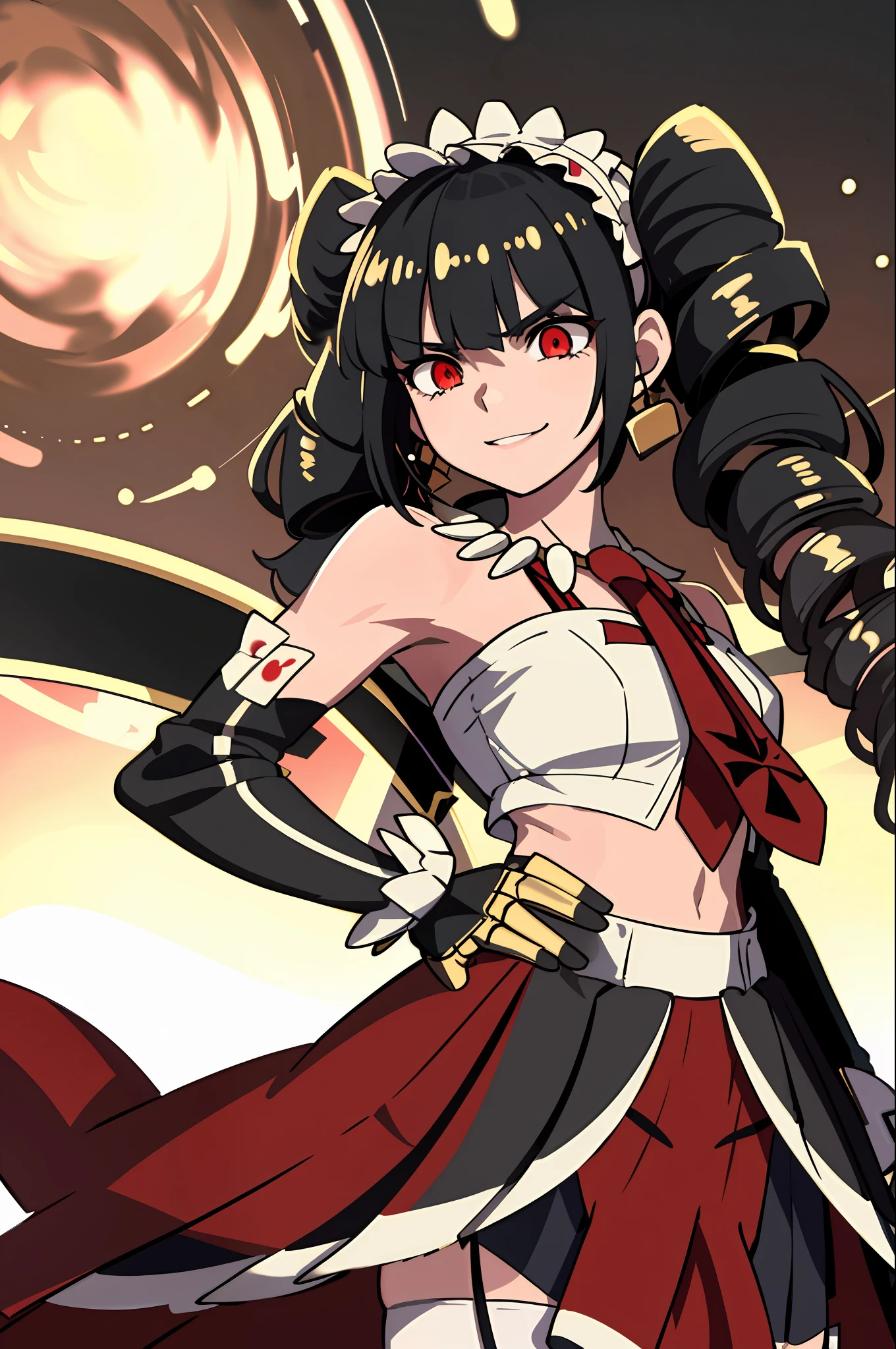 realistic, (masterpiece, top quality, best quality, official art, beautiful and aesthetic:1.2), extremely detailed,(1girl:1.3),cowboy shot,(looking at viewer),(holding single weapon:1.3),clenched fist, pointing hand viewer, from middle,black background,(night:1.2), filmg, insane happy expression, celestiaLudenbergTopless, solo, and long, has black hair in two large twin-drill pigtails, (red eyes:1.2), 1girl, jewelry, standing, earrings, necklace, armor, tattoo, topless, Gold armor, shirtless, gold clingon bra, single gold gauntlet,right gold shoulder armor,right gold elbow gloves, one shoulder armor, a red and gold jacket that includes white ribbon lacing down the sleeves, fastened by a simple white ribbon across her chest to reveal her red tie, knee-high stockings trimmed in ladder lace with a black ribbon on the opposite side of the other for each, dark red mary janes with a thick heel held on her feet by three gold buckles, a white lace headband, and a gold, gunmetal plated ring, a red pleated miniskirt that is cut extremely short, standing, full body portrait