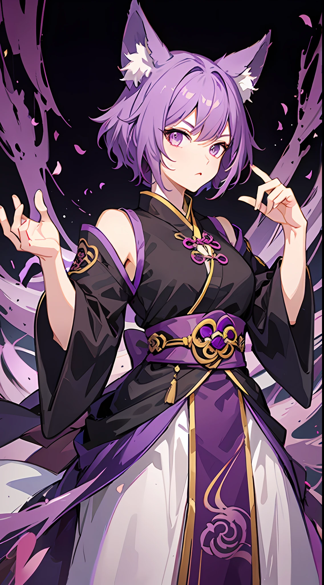 Tall girl, short purple hair, fox ears, purple eyes, martial hanfu, fighting stance, evil, masterpiece, high quality