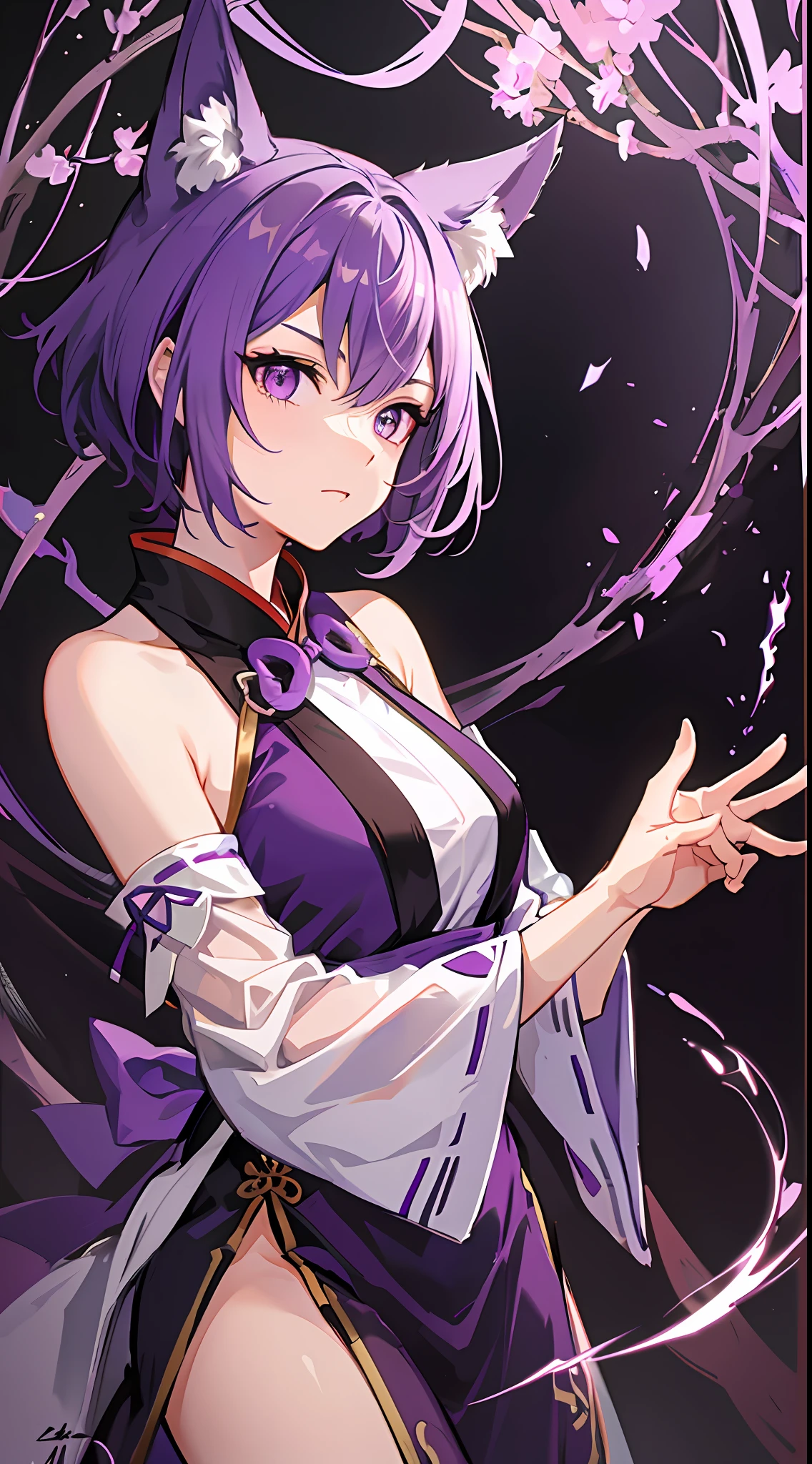 Tall girl, short purple hair, fox ears, purple eyes, martial hanfu, fighting stance, evil, masterpiece, high quality