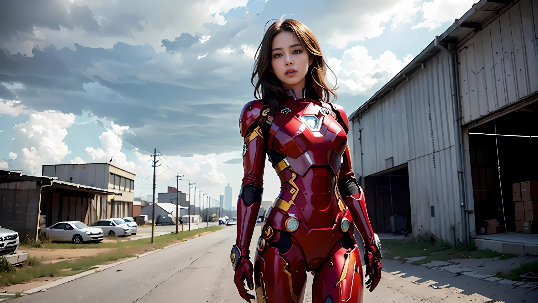 8k, realistic, attractive, highly detailed, a 20 year old girl a sexy and attractive woman inspired by Iron Man wearing a shiny Iron Man mech. She dresses with sexiness and confidence, perfectly interpreting Iron Man's strength and charisma. The abandoned warehouse serves as a backdrop, creating a unique atmosphere that highlights her bravery and perseverance. The cloudy sky adds a sense of tension and mystery to the whole scene. This high-definition, high-quality picture will bring you a shocking visual experience. The detailed abandoned warehouse and shiny mechs will keep your eyes on you. oc rendering, dramatic lighting, award winning quality