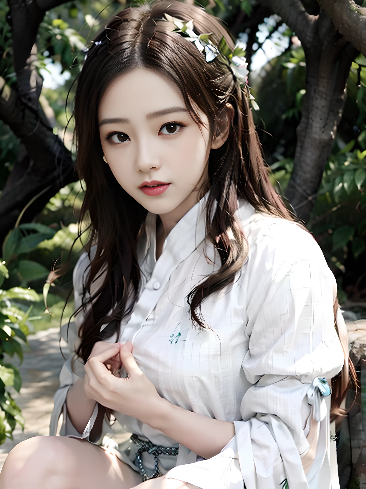 (Original photo: 1.2), (Photo realism: 1.4)) Best quality, beautiful, beautiful, beautiful, beautiful, extremely detailed, unity, 8k beautiful wallpaper, fine details, masterpiece, best quality, official art, very detailed , very ridiculous, high resolution, beautiful, beautiful eye and face detail, movie lighting, 1 girl, perspective view, looking at viewer, full body, full body shot, outdoors, hands behind the back, (Hanfu)