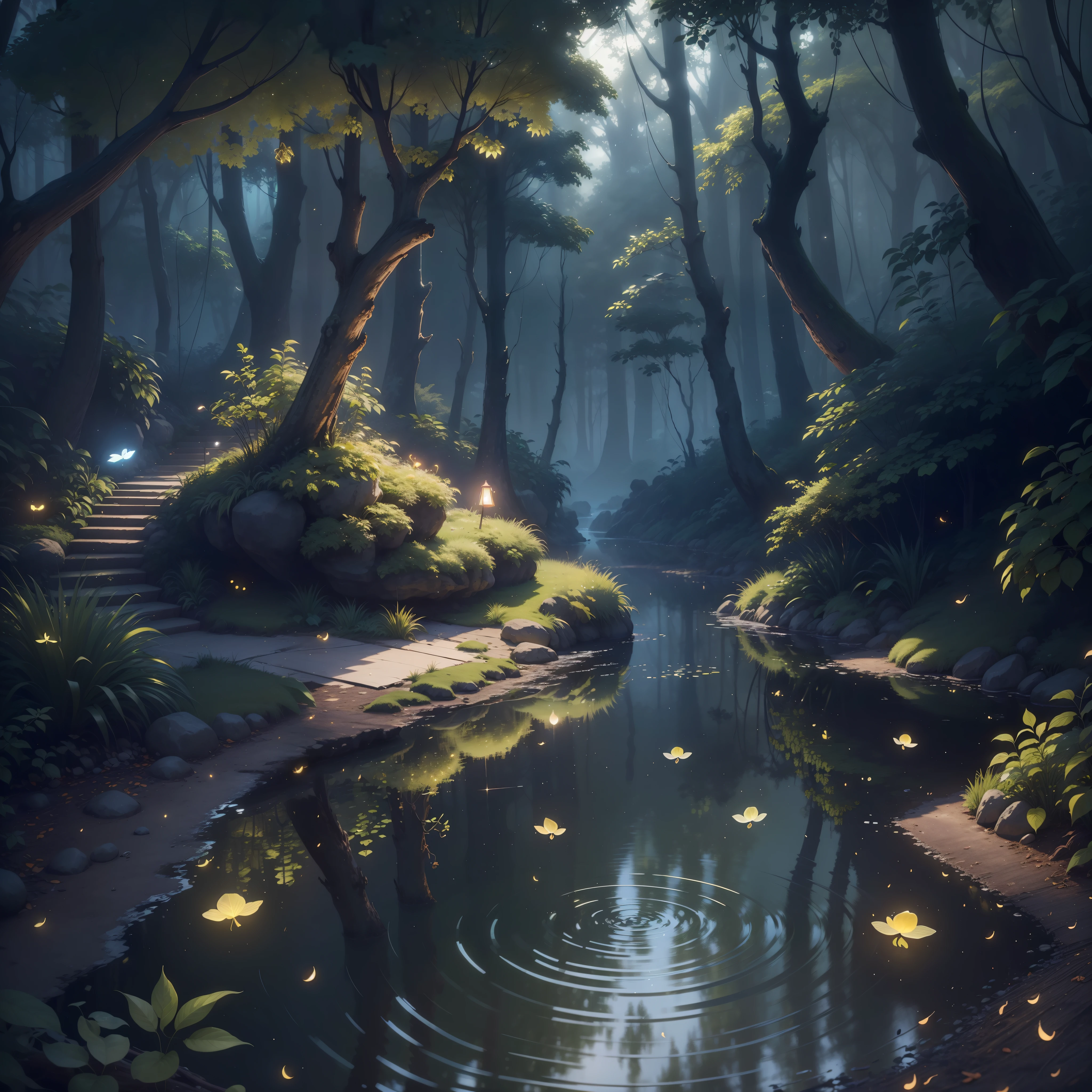 A masterpiece, the best quality, impressive reflections, the best reflections of all time. (very detailed 8k CG unit wallpapers), (better quality), (best illustrations), (best shadows), forest theme with natural elements. Tall trees, quiet streams, small bright mushrooms surrounded by delicate leaves and branches, with fireflies and bright particle effects, (natural elements), (jungle theme), (leaves), (branches), (fireflies), birds, (delicate leaves), (brightness), (particle effects). , isometric 3D, octane rendering, ray tracing, super detailed