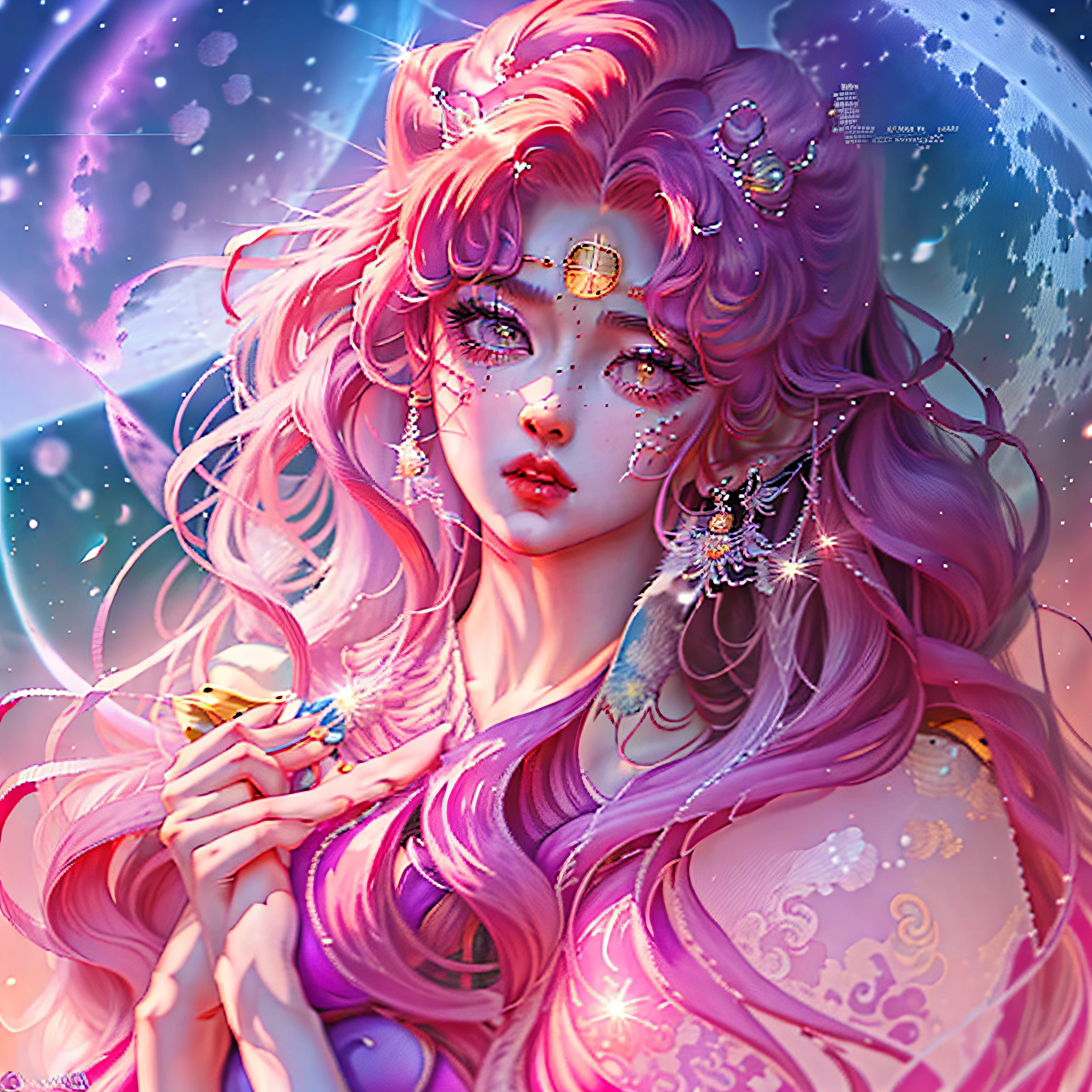 (Drawing style anime, character close-up, beautiful girl with long hair, purple dress, highlighting facial structure) + (background: big moon) + (full body portrait, Guvez art style, 8K, 12 zodiac female knights) + (4K anime manga style, Sailor Moon) + (beautiful depiction, super detailed art details, Guvez art style)