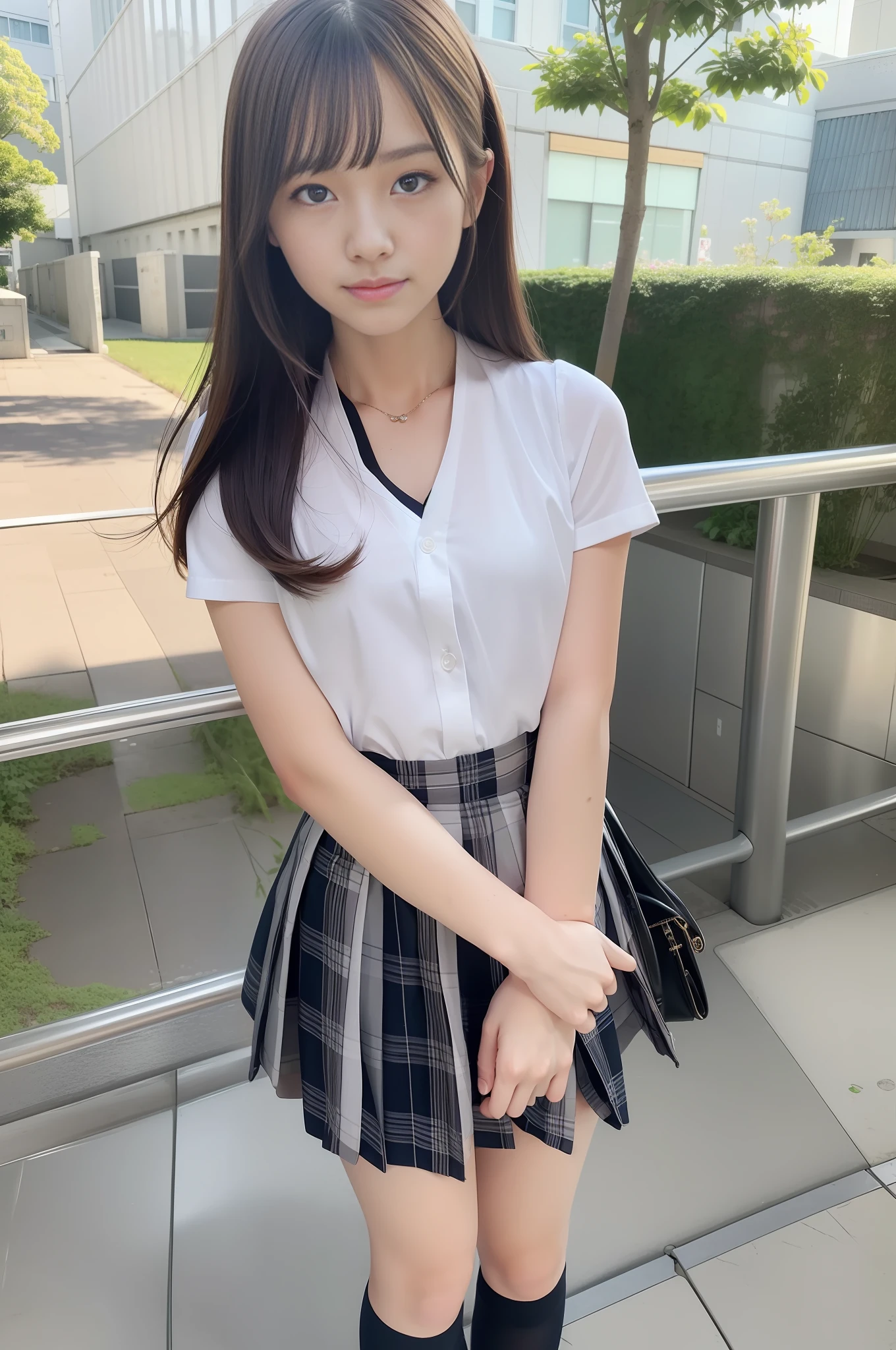 RAW photos, 8K, top quality, super high resolution, pretty embarrassing, panties, slender legs, tight skirt, standing, indoors, beautiful face to detail, realistic human skin, front view, long hair, realistic, photorealistic, cute, short skirt, cute schoolgirl, Japan schoolgirl uniform, surreal schoolgirl, empty-handed, one girl, with skirt, skirt flipping, cleavage, arms behind you, standing, thin, tall, small,