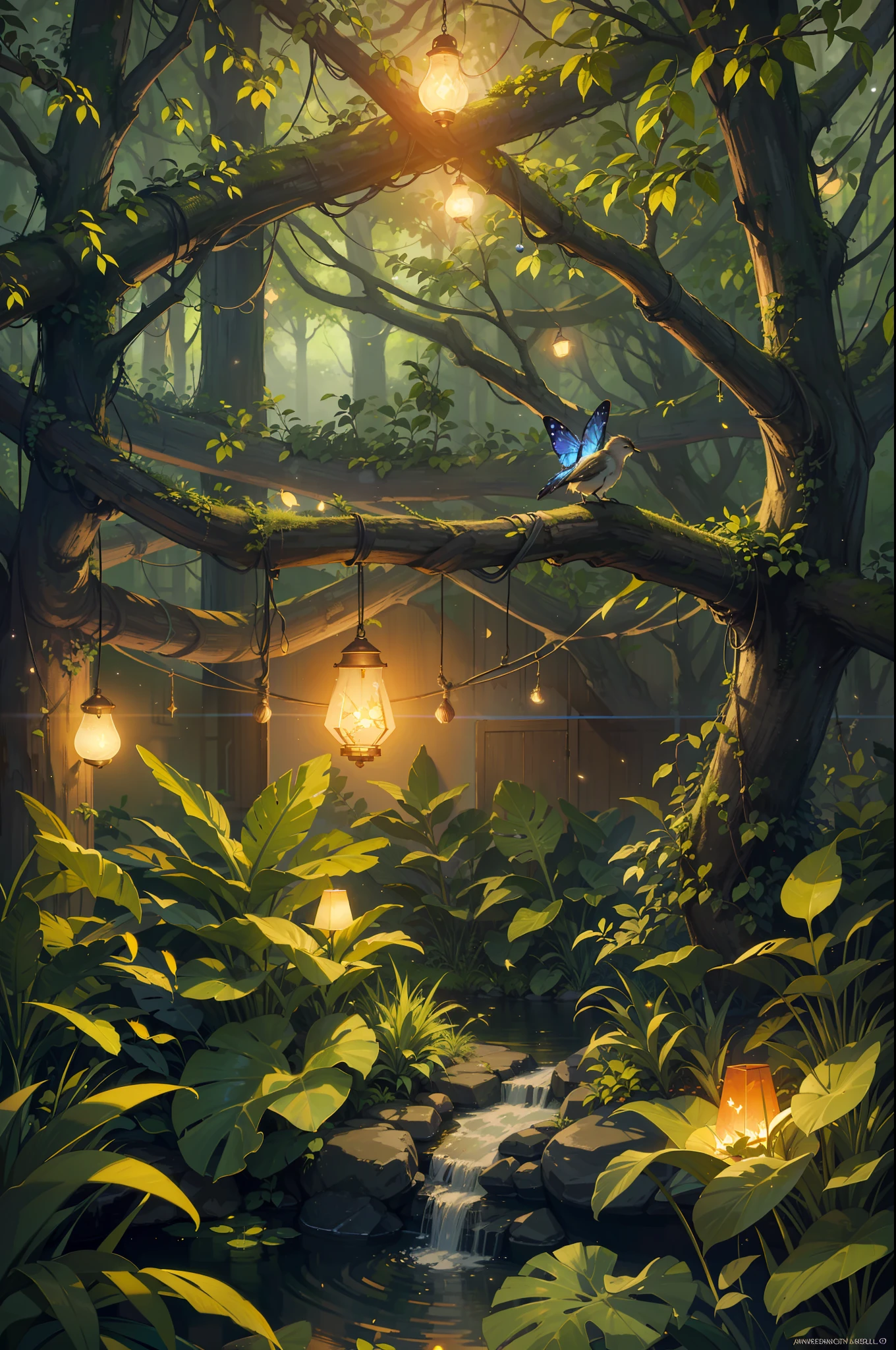 A masterpiece, the best quality, impressive reflections, the best reflections of all time. (very detailed 8k CG unit wallpapers), (better quality), (best illustrations), (best shadows), forest theme with natural elements. Tall trees, quiet streams, small bright mushrooms surrounded by delicate leaves and branches, with fireflies and bright particle effects, (natural elements), (jungle theme), (leaves), (branches), (fireflies), birds, (delicate leaves), (brightness), (particle effects). , isometric 3D, octane rendering, ray tracing, super detailed