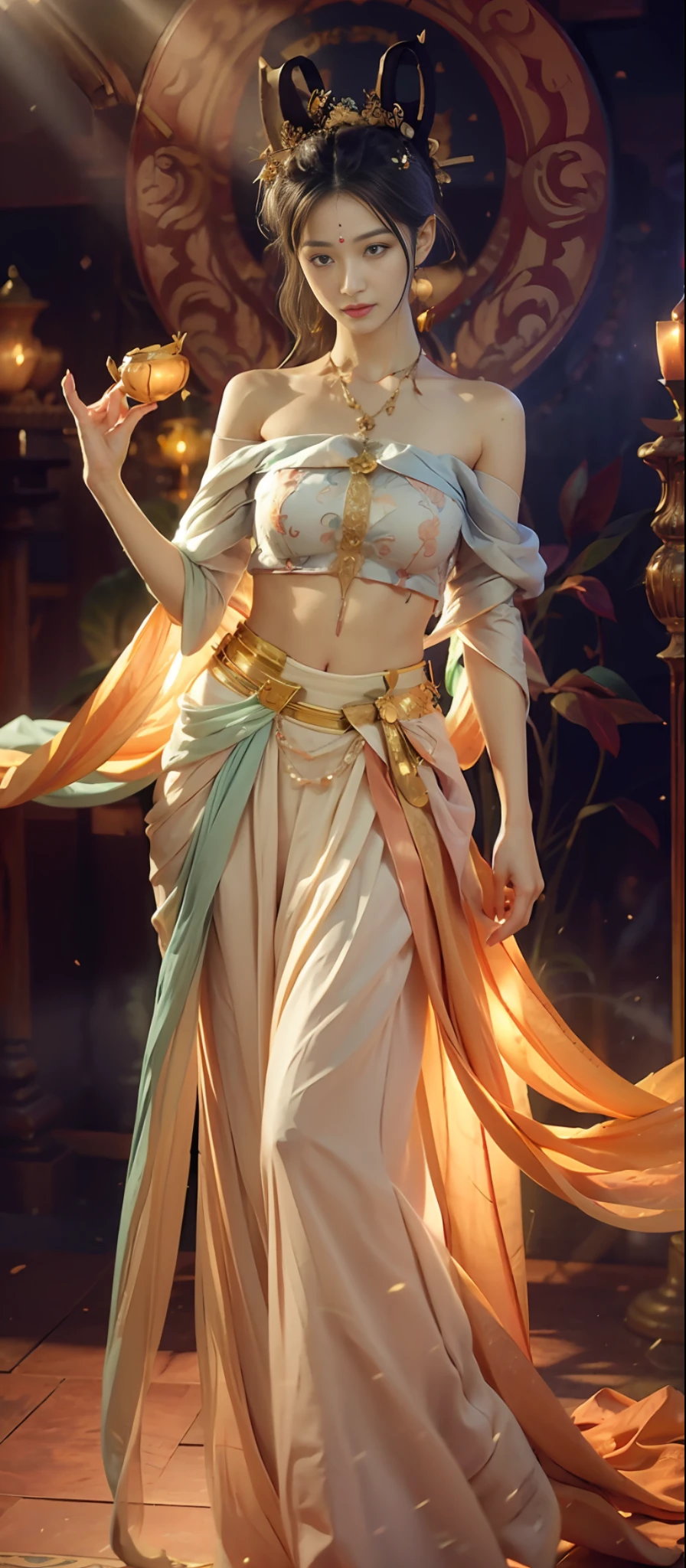 (RAW Photo, Best Quality), (Realistic, Photorealistic True: 1.3), Best Quality, Highly Detailed, Masterpiece, Ultra Detail, Extreme Detail, Extremely Detailed CG, 8k Wallpaper, Realistic Details, Movie Lighting, Illustration, 1 Girl, upper_body, Dynamic Angle, World Mastery Theater, Best Quality, Extremely Delicate Beautiful Girl, Perfect Face, Delicate Facial Features, Delicate Hands, Delicate Eyelashes, Delicate Eyes, Supple Fair Skin, Sexy Collarbone, Dance, dunhuang_dress, holding lotus, bare shoulders, stunning beauty, abdomen, navel, amazing, sexy, peach blossom eyes, light makeup, smile, lens_flare, dunhuang_style, streamers, floating, lanterns, full body portraits,