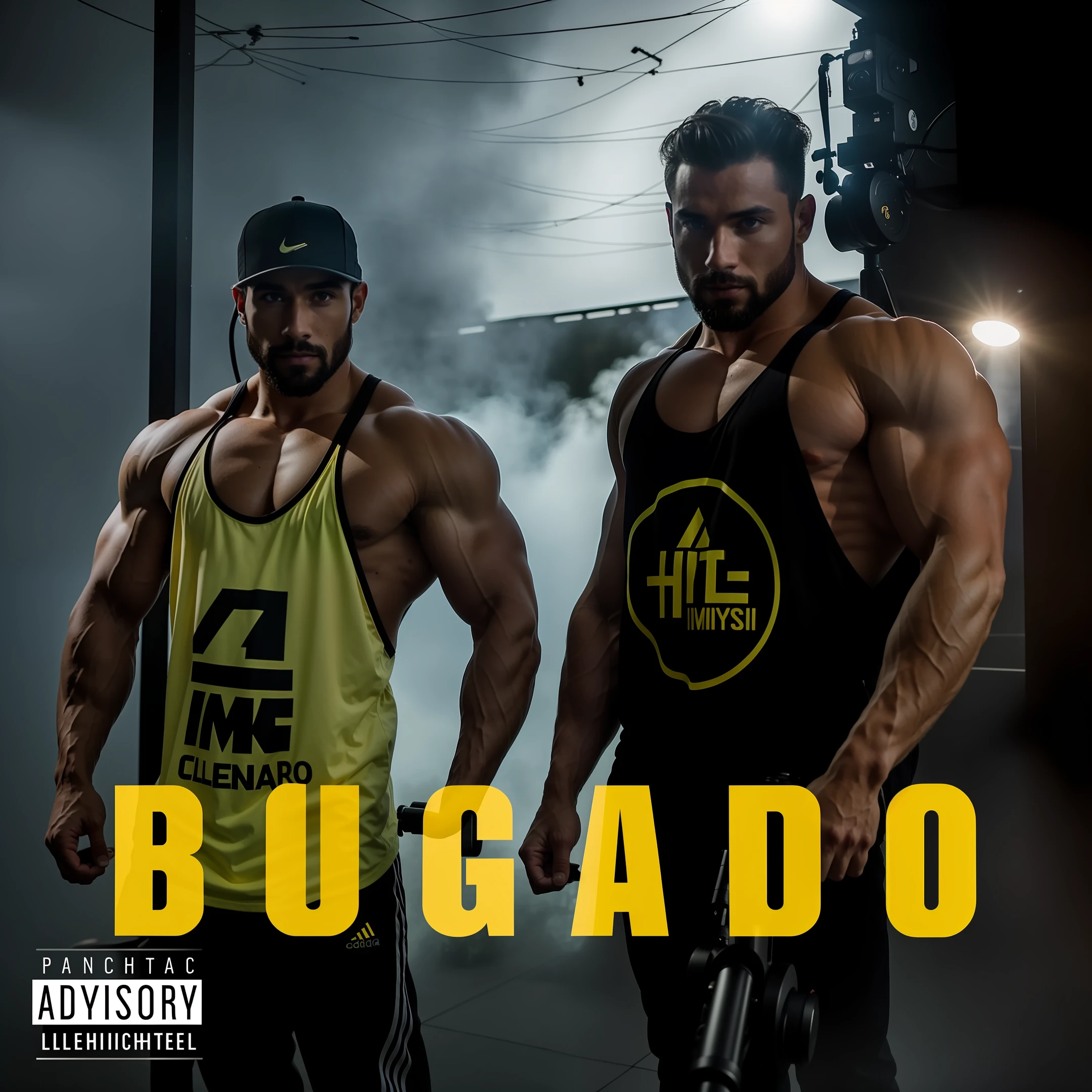 two fitness man,dois homens , dois homens bodybuilder, uma cidade sombria atrás do homem, cenário caótico,imagem ultra realista, imagem HD, Full HD, Full definição, realismo, qualidade ultra realista, fotografia,foto profissional, 8K, cinematic lighting, photographic, Eastman Kodak Color Negative film 5251 50T shot on panavision super ps . no arms,light through the mist morning fog, highly detailed, photorealistic portrait, bright studio setting, studio lighting, crisp quality and light reflections, unreal engine 5 quality render, realistic face,naturals body figure on instagram, full body shot, telephoto lens, 50mm --auto --s2