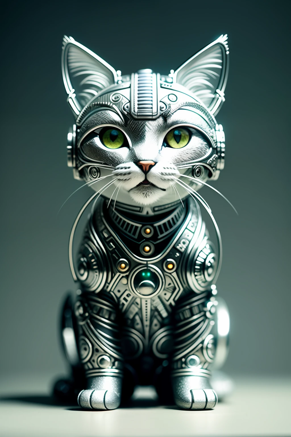 A cute kitten made of metal, (cyborg:1.1), ([tail|detailed wire]:1.3), (intricate detail), hdr, (intricate detail, hyperdetailed:1.2), cine lens, halo shadows , centered