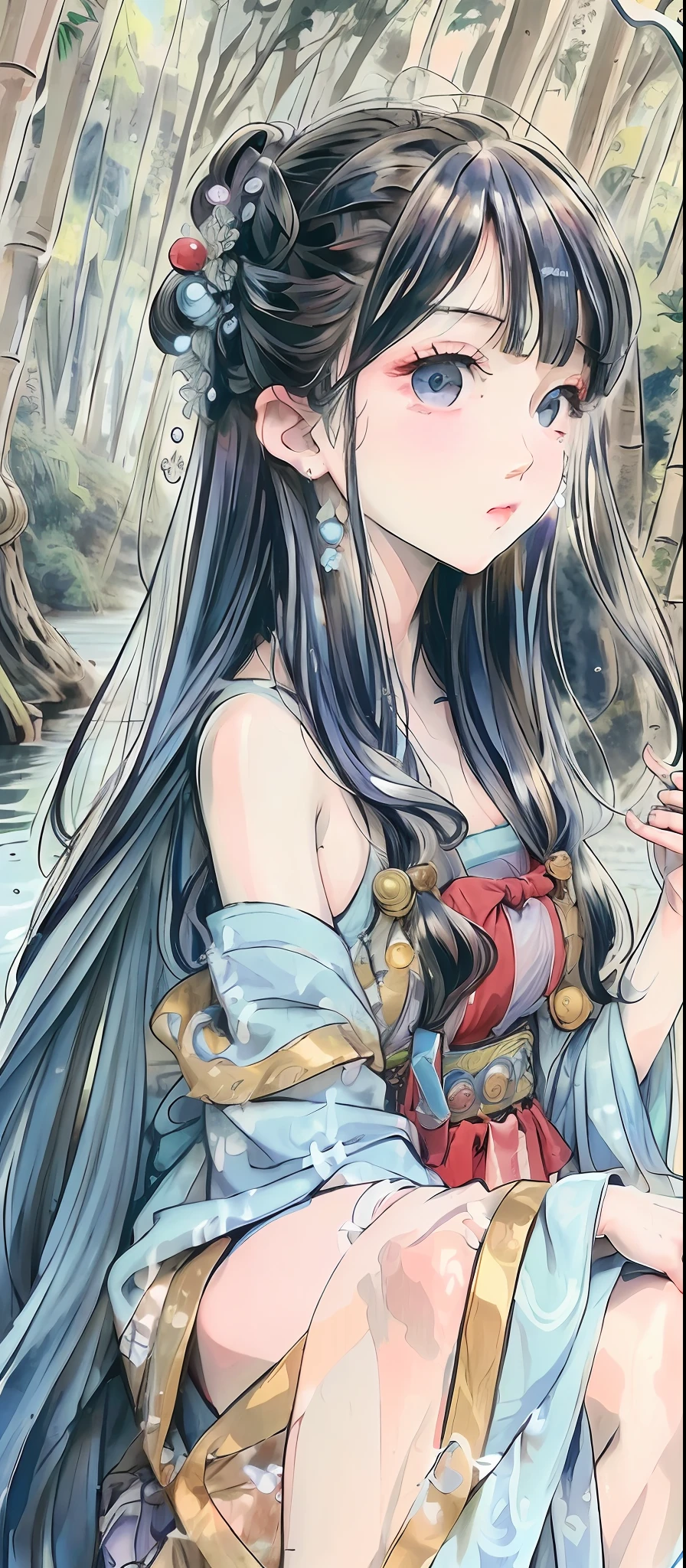 Masterpiece, Best Quality, Official Art, 8k Wallpaper, Very Detailed, Illustration, 1 Girl, Sky Blue Hair, Long Hair, Detailed Eyes, Forrest Gump, Bare Shoulders, Hanfu, Lake, Pure, Soft Smile, bamboo, tea