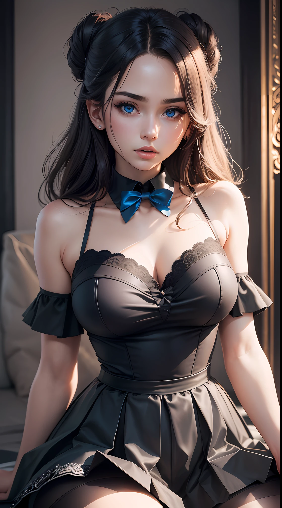 (Original photo: 1.2), (Photo realism: 1.4)) Best quality, pretty, extremely detailed, fine details, masterpiece, best quality, very detailed, high resolution, beautiful eye and face details, cinematic lighting, (full body: 1.2), full body, full body photo, 1 girl, single, 20 years old, blue eyes, big eyes, fashion, (collar shirt: 1.1), bow tie, pleated skirt, medium hair, bare shoulders, high contrast, full body proportions, (straddling, stretched legs, slender legs), large breasts, chest close-up, black stockings,