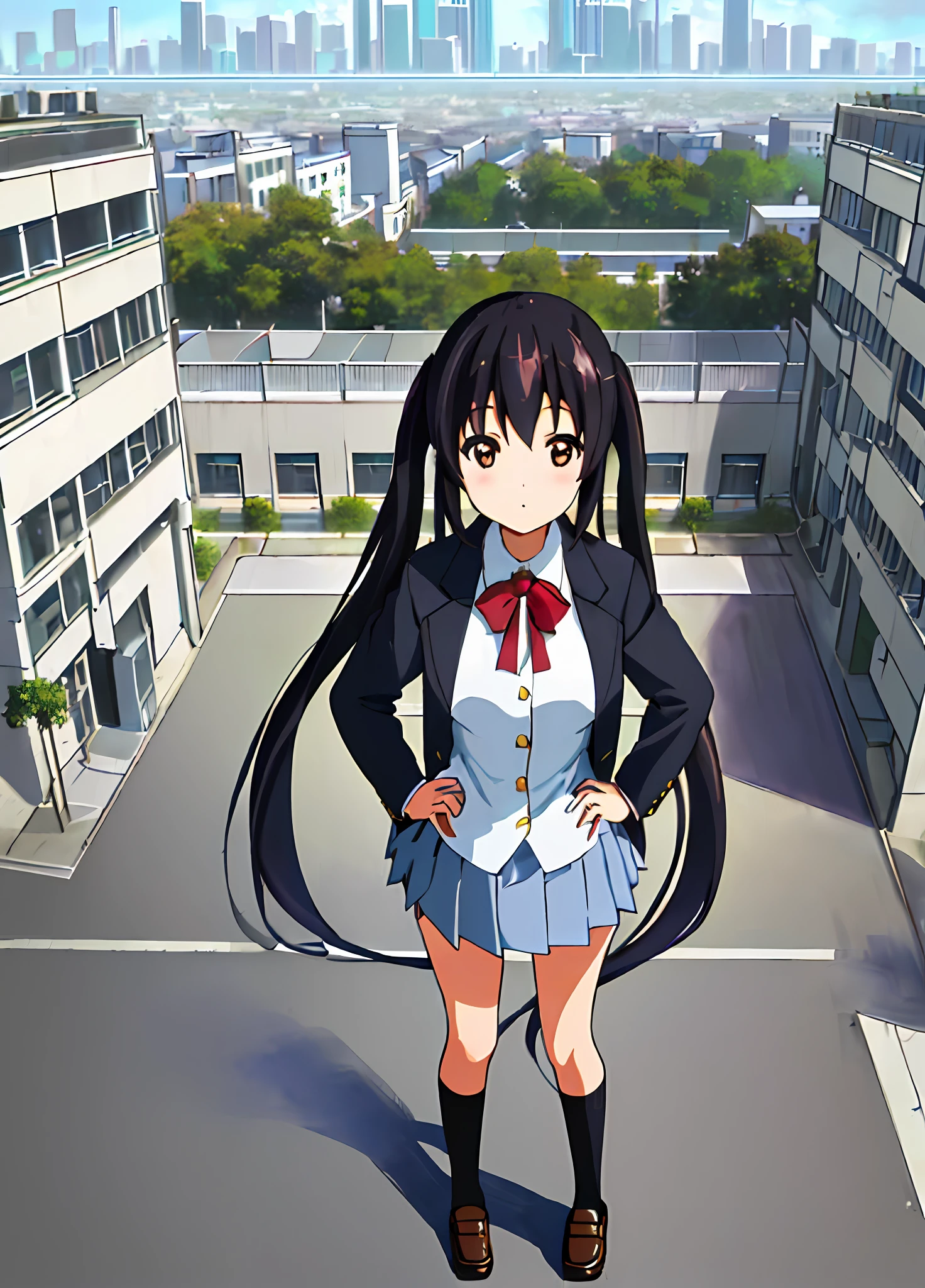 1girl, ((((Masterpiece))), Best Quality, Best Quality, High Detail, Azusa Nakano, 1girl, Sakuragaoka High School Uniform, Musical Instrument, School Uniform, Twin Tails, Long Hair, Black Hair, Brown Eyes, Solo, Red, Dark blue blazer with a thin ribbon of red, Solid white button shirt under blazer, Illustration, Cartoon, Soothing tones, Muted colors, Soft cinematic light, Adobe Lightroom, Photo Lab, HDR, complex and highly detailed, (((depth of field))))). (((Masterpiece))). (((highest quality))).) ((super detail))). (((Illustration))). (((Outside))). (((hands on hips)))). (((Stretch your chest)))),(((Gigantic))).dynamic focus.small breasts. (((skyscrapers))). (((Cityscape))). (((View from above))).