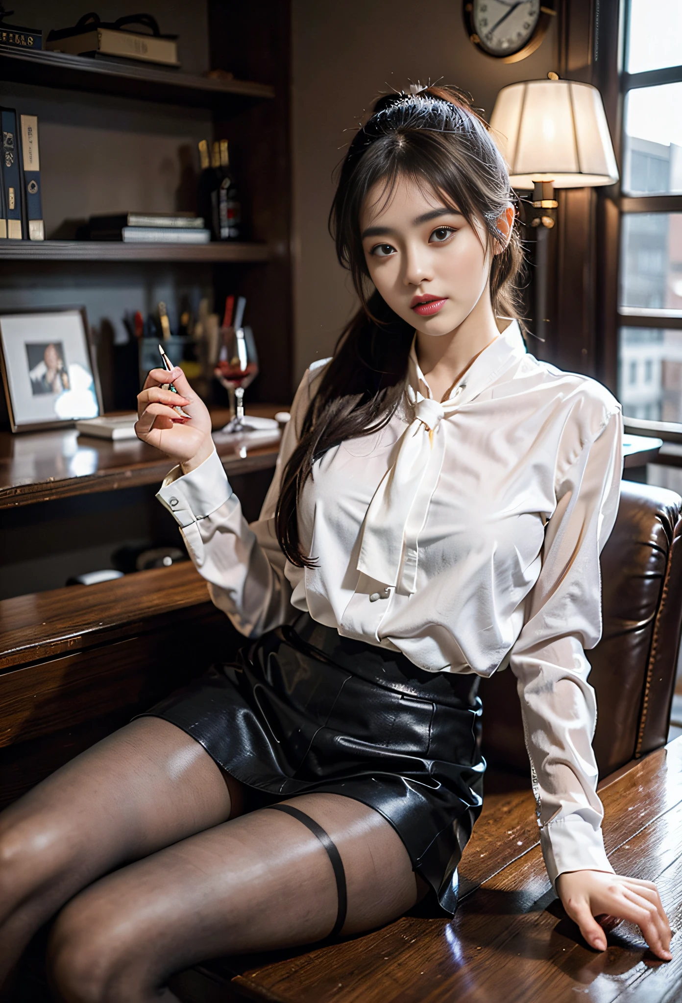 Exquisite, masterpiece, beautiful details, colorful, delicate details, delicate lips, intricate details, large breasts, black sunglasses with cool, 1 woman, (a beautiful 20-year-old cute Korean woman: 1.1), (kpop idol, Korean mixed), (50mm Sigma f/1.4 ZEISS lens, F1.4, 1/800s, ISO 100, photograpy:1.1), (ponytail + brunette 1.2), ( Photorealistic: 1.4), (SPY: 1.2), (Open Jacket, Shirt, Skirt, Tie, Black Pantyhose, Christian Louboutin\(Brand\),:1.3), Earrings, Necklaces, Armbands, (Tavern, Bar:1.2), (Beautiful Legs, High Girl, Skinny, slim_legs, thigh_gap, Model: 1.2 ), lens, flare from the front, (cool expression), dynamic pose, (makeup: 1.2), (sitting in a wide office boss chair))
