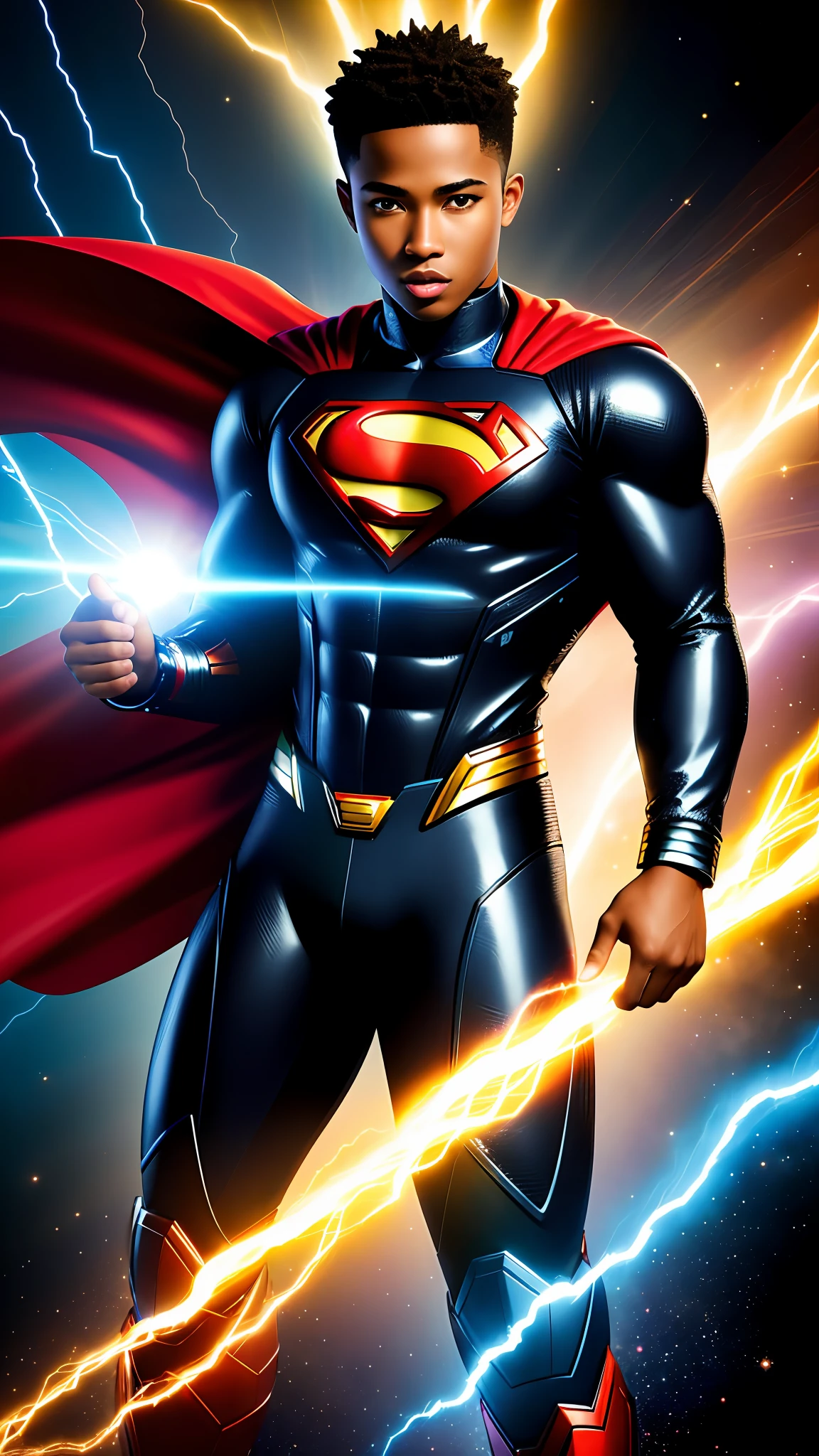 (best quality:1.33), (masterpiece:1.42), (realistic:1.24), (detailed:1.15), Generate an image of a -yeld Bl boy dressed as a superman with flashy and eye-catching special effects such as bursts of energies or lightning, in the style of Ross Tran, professional photo shoot, action shot, cowboy shot, kaleidoscope