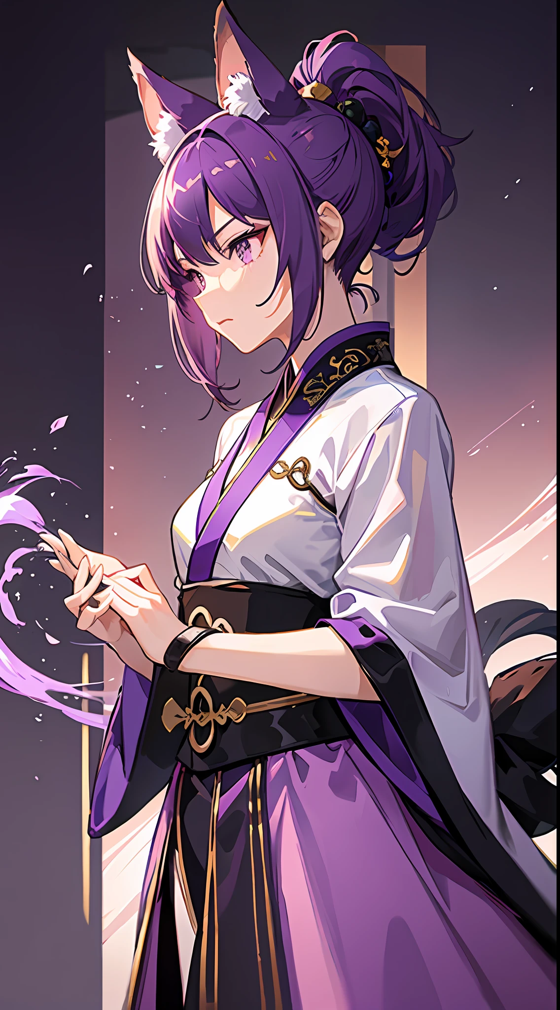Tall girl, short purple hair, high ponytail, fox ears, purple eyes, Hanfu fighting, fighting stance, wicked, masterpiece, high quality