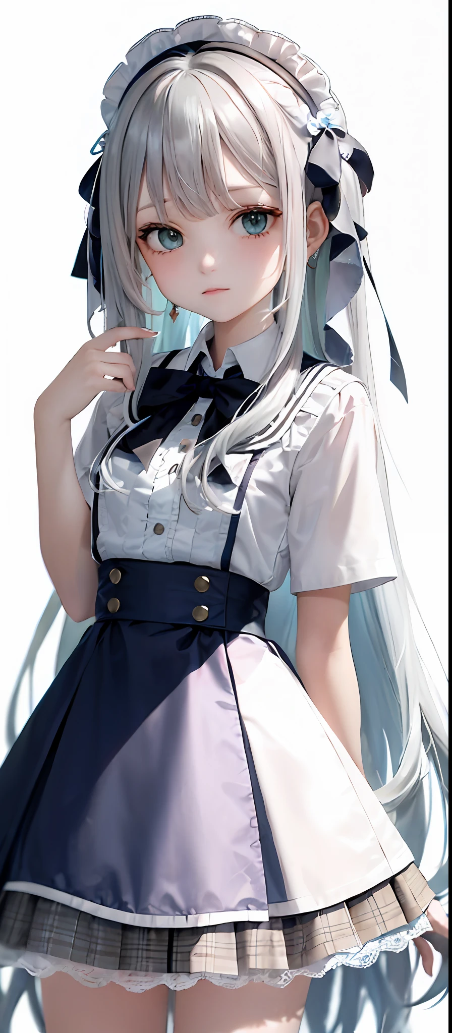 1girl, (masterpiece:1.1), (best quality:1.1), (white blouse:1.1), (plaid skirt:1.1), school uniform, high waist skirt, BREAK [blue:pink:0.5] theme, (gradient background:1.1 ), cowboy shot, BREAK silver hair, long hair,, green eyes, delicate headgear, looking sideways,