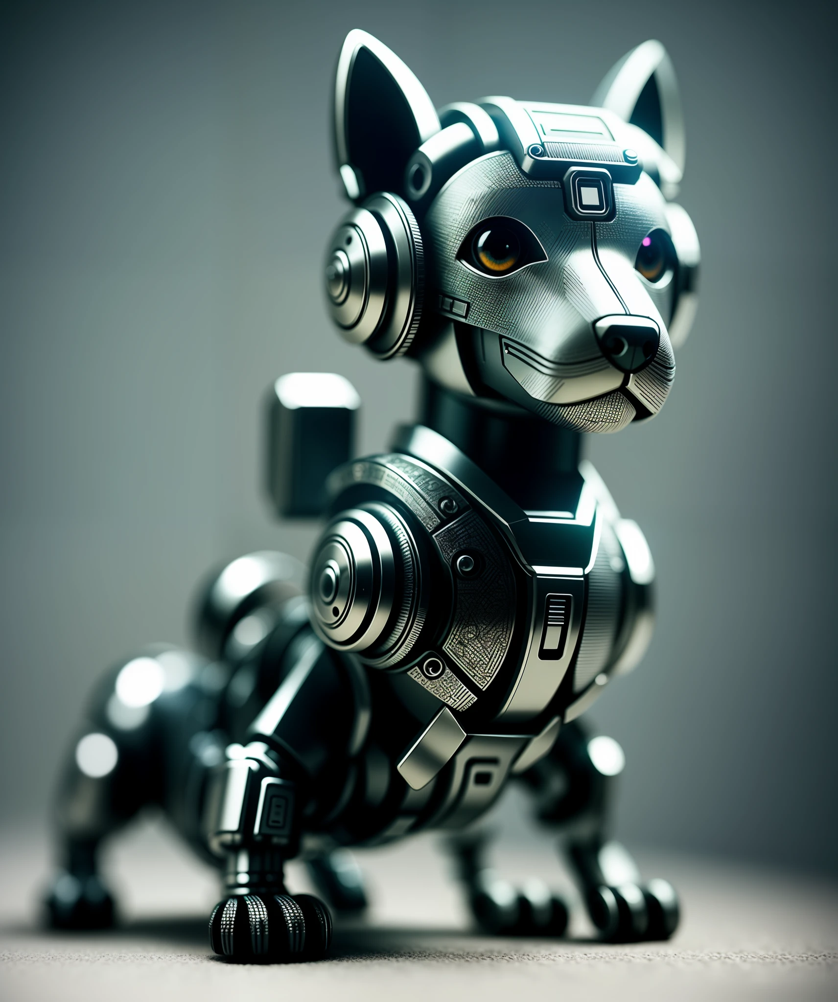 A cute puppy made of metal, (cyborg:1.1), ([tail|detailed wire]:1.3), (intricate detail), hdr, (intricate detail, hyperdetailed:1.2), cine footage, halo shadow, centered