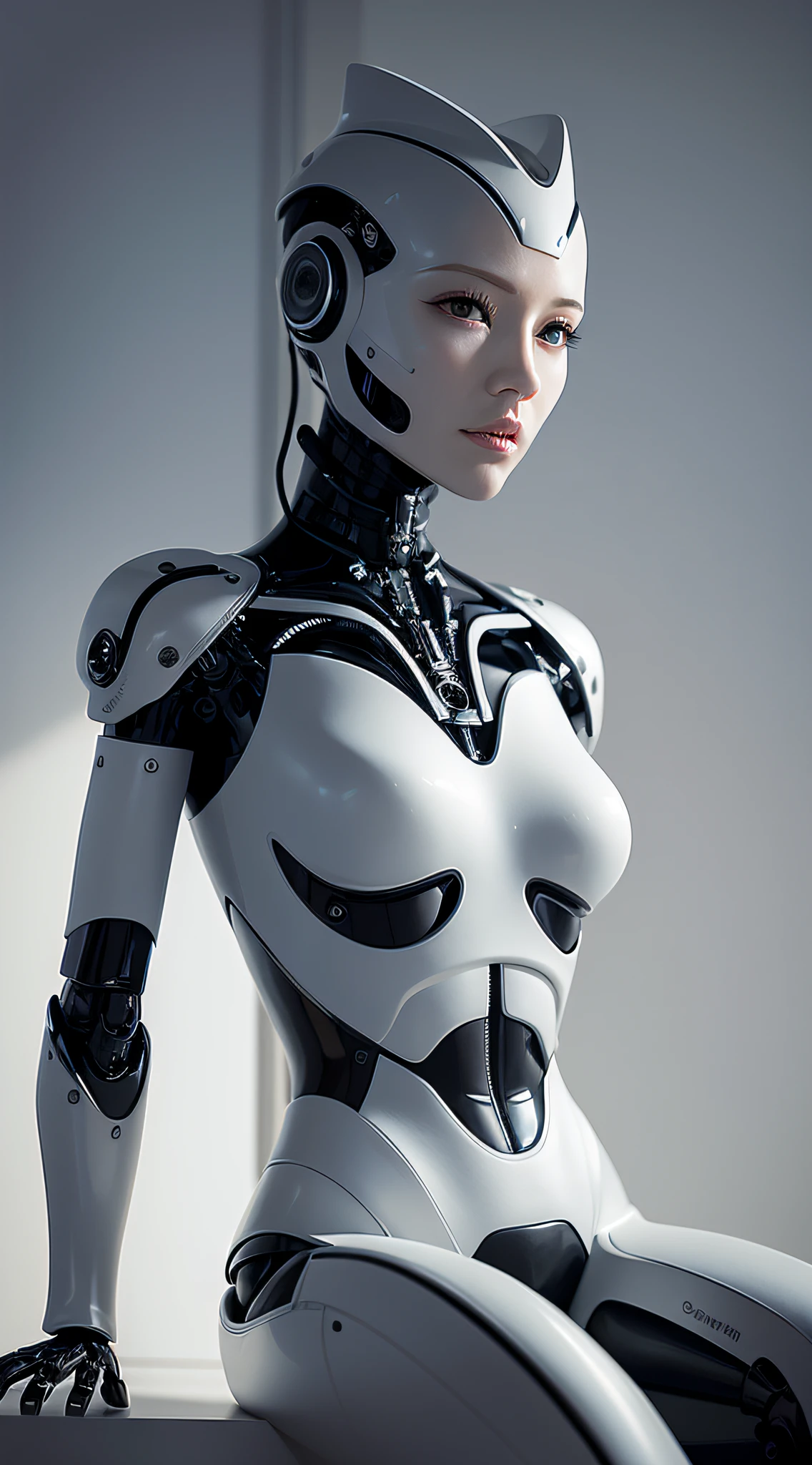 female robot face, ceramic silhouette, robot, robot parts, cable, microchip, lace, silver armor, full body, facial muscles, beautiful, sitting, studio soft light, edge light, vibrant details, very sophisticated, elegant, cyberpunk, surrealism, anatomy, beautiful background, 3d rendering, octane rendering, hr giger style, 8k, best quality, illustration, very detailed, cg, uniform, wallpaper, fidelity, amazing, fine detail, masterpiece, Best quality, official art, absurd, 150 mm