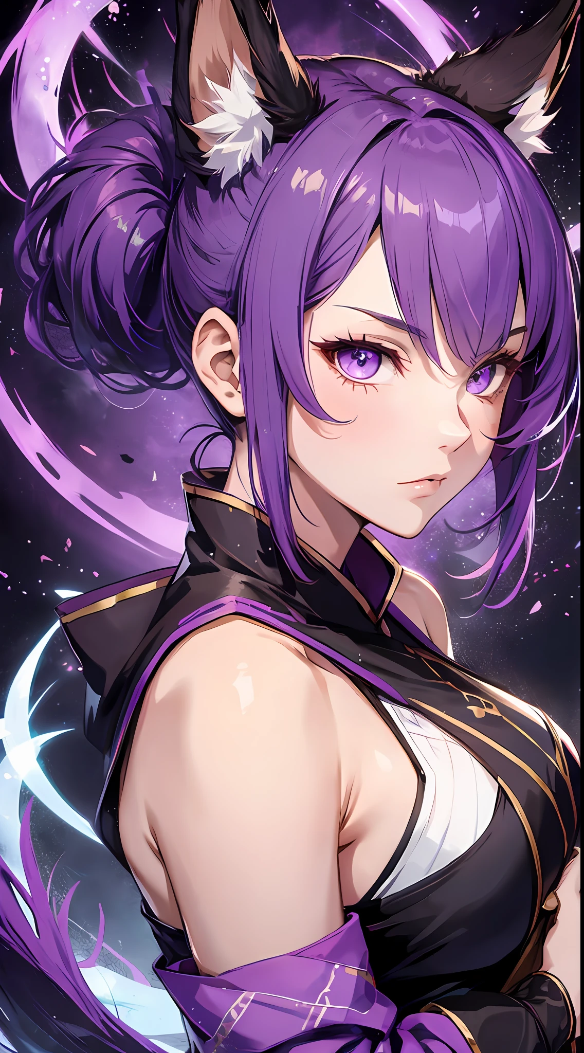 Tall girl, short purple hair, high ponytail, fox ears, purple eyes, Hanfu fighting, fighting stance, wicked, masterpiece, high quality