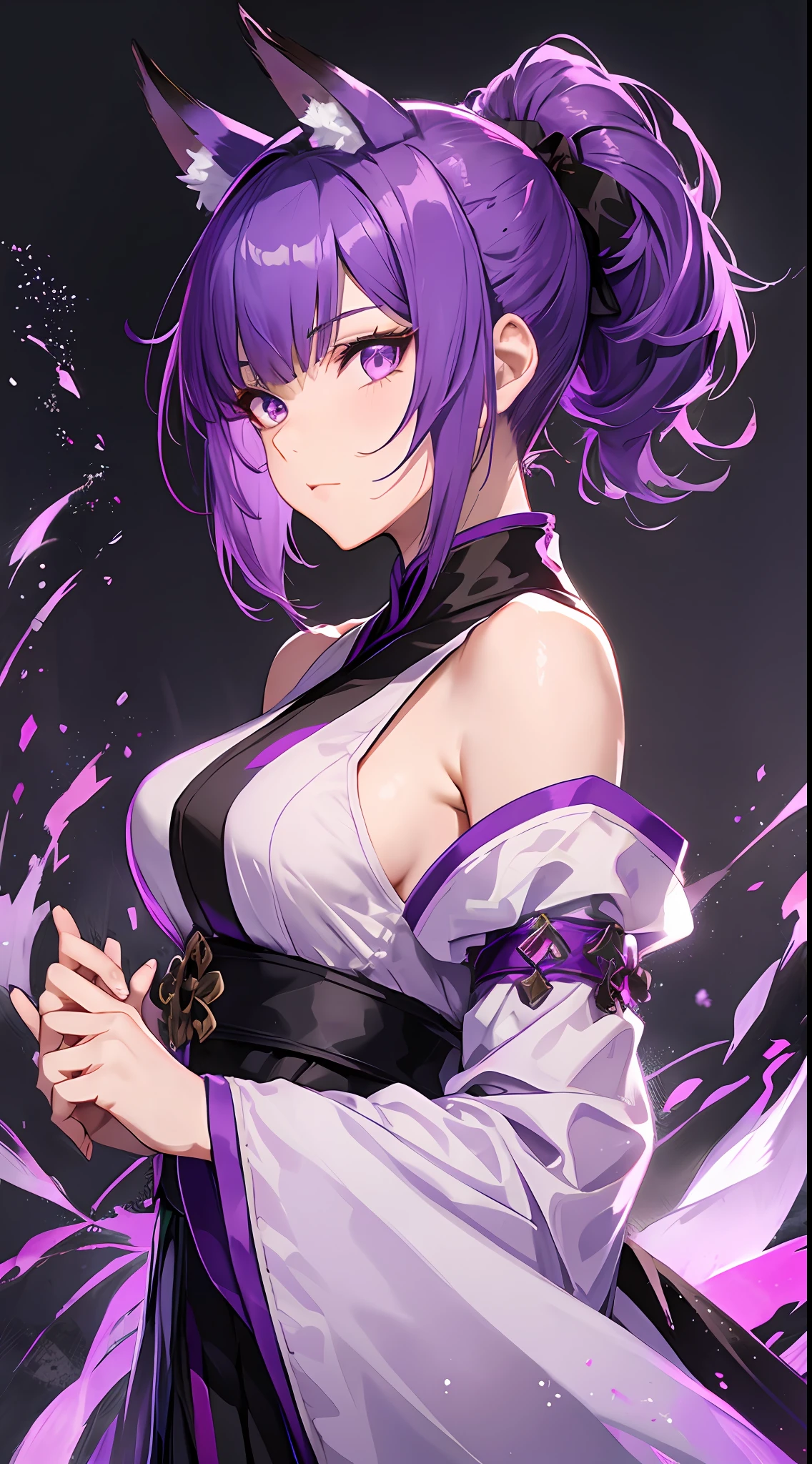 Tall girl, short purple hair, high ponytail, fox ears, purple eyes, Hanfu fighting, fighting stance, wicked, masterpiece, high quality