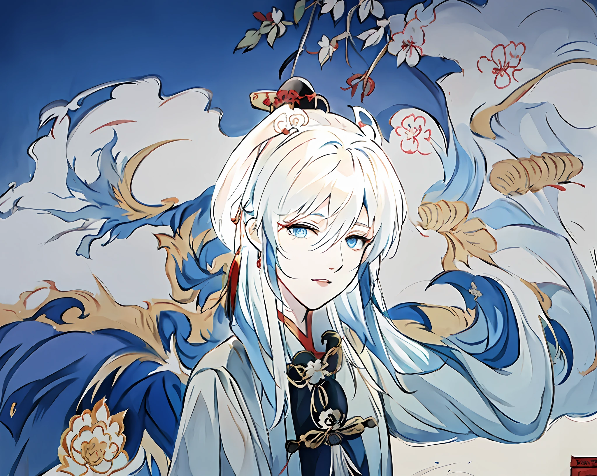 anime - style image of a woman with white hair and blue eyes, onmyoji portrait, white haired deity, heise jinyao, from bravely default ii, keqing from genshin impact, official art, onmyoji, made with anime painter studio, anime character, official character art, character art closeup, delicate androgynous prince, onmyoji detailed art