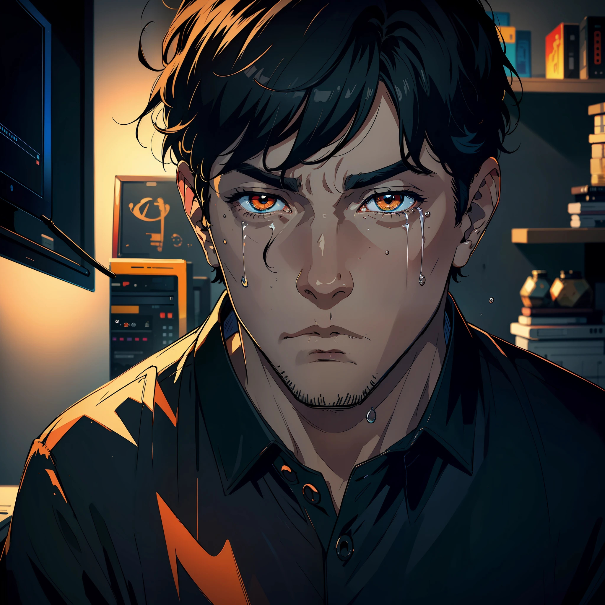 Masterpiece, high quality, best quality, HD, realistic, perfect lighting, bull head, detailed body, 1 man, short black hair, colorful shirt, (sad expression: 1.5) (sad face: 1.5), sideways, looking at the computer screen, tears on his face